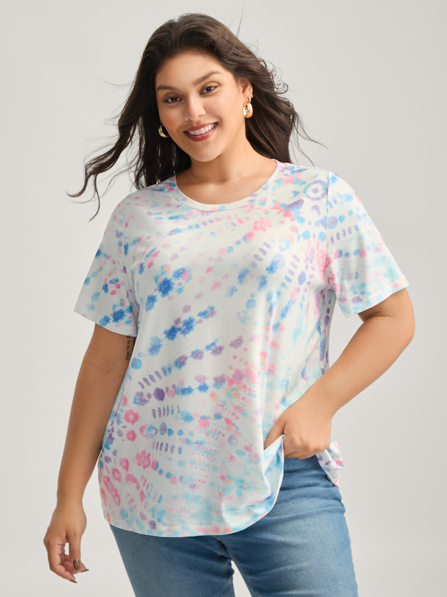 BloomChic Women's Plus Size Tie-Dye Ombre Round Neck T-Shirt Multicolor Tie-dye Everyday-Casual Short sleeve Round Neck 10/M