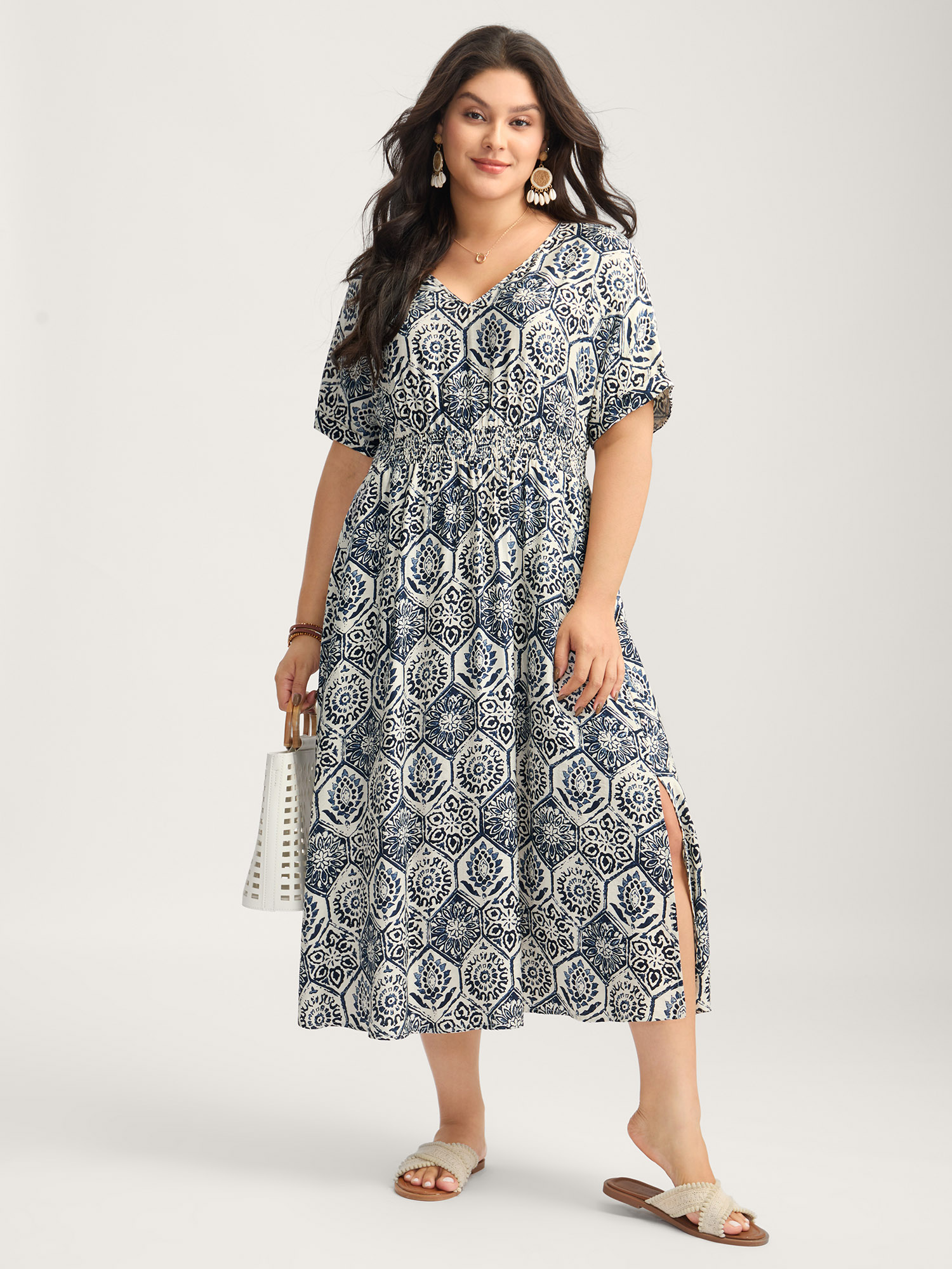 BloomChic Women's Plus Size Boho Geometric Print Split Midi Dress DarkBlue Ethnic Floral Midi Vacation Non 18-20/2X