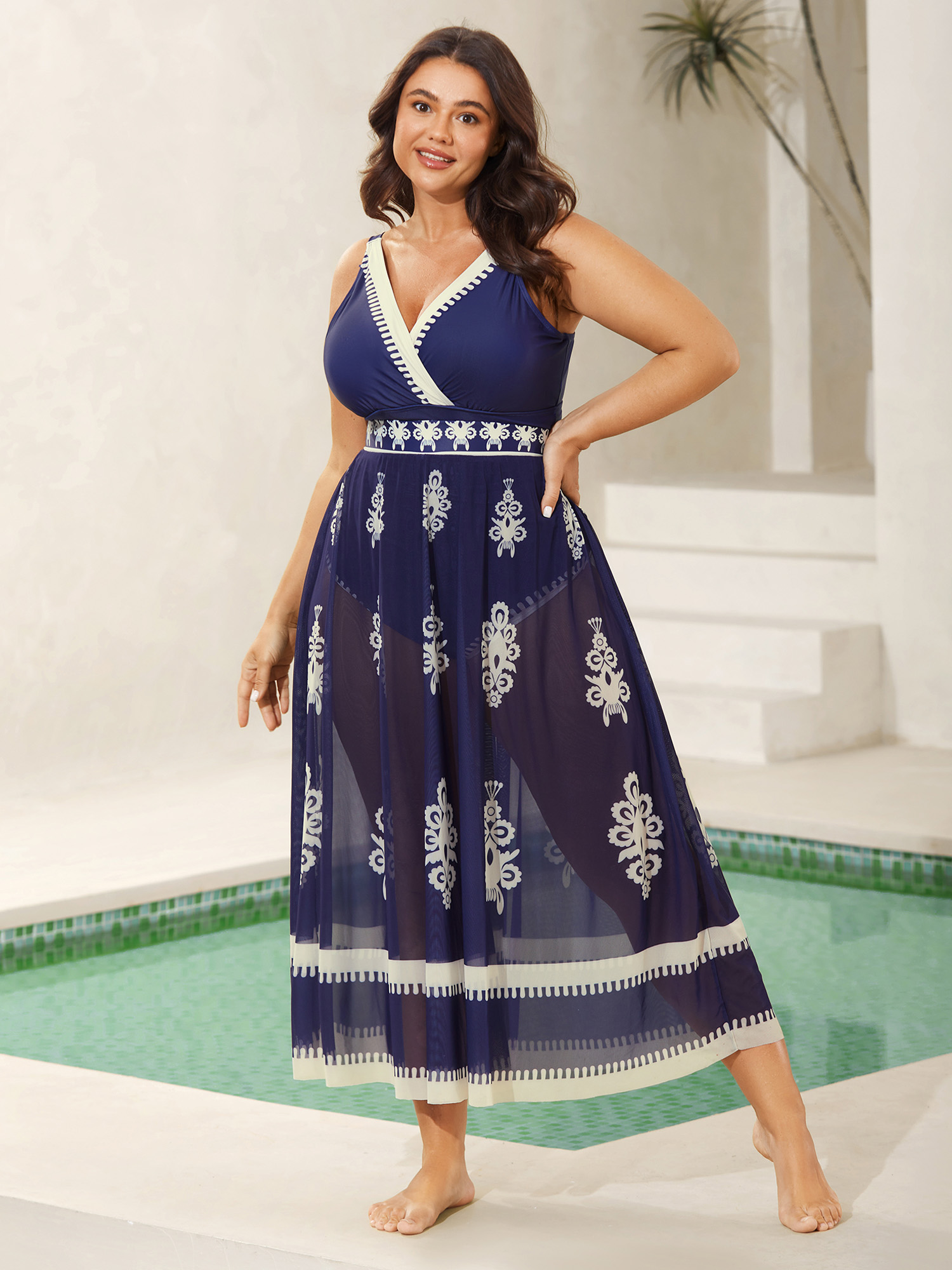 Plus Size Two-Piece Boho Print Sarong Swimsuit Women's Swimwear Indigo Beach Contrast Curve Bathing Suits High stretch One Pieces BloomChic 10/M