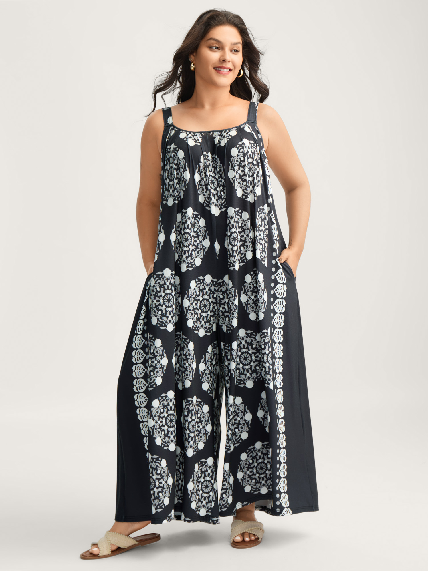 BloomChic Plus Size Sunkissed Stretchy Adjustable Strap Jumpsuit - Curve Women's Black Playsuit - Adaptive-Fit Side Pocket Wide leg Jumpsuits 30/4X