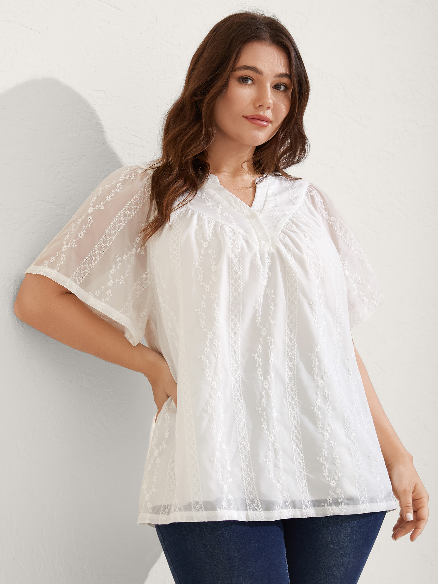 BloomChic Women's Plus Size Embroidered Notched Collar Sheer Blouse Beige Vacation Short sleeve 12/L