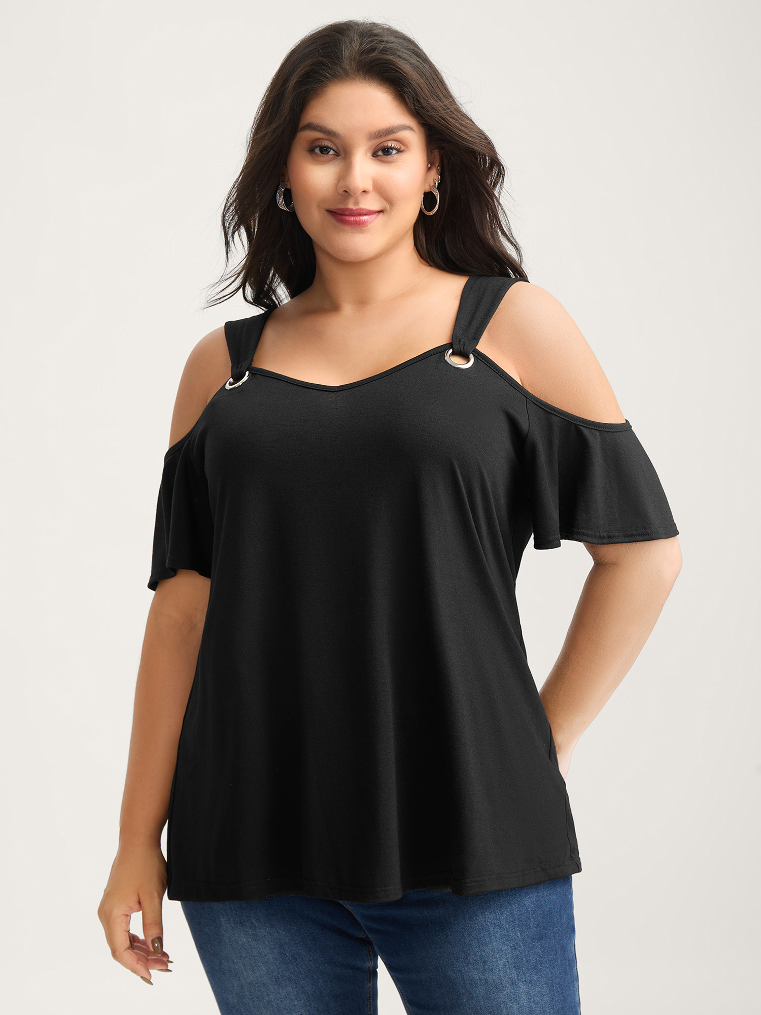 Bloomchic Off-shoulder Loop Detail T-shirt In Black