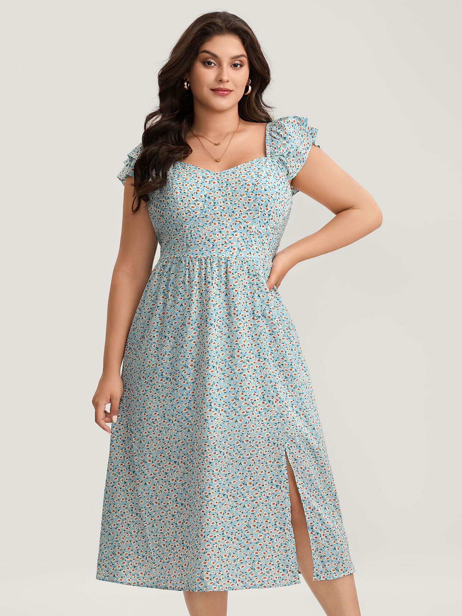BloomChic Women's Plus Size Ditsy Floral Print Layered Ruffle Midi Dress Skyblue Ditsy Floral Midi Everyday-Elegant Slit 18-20/2X