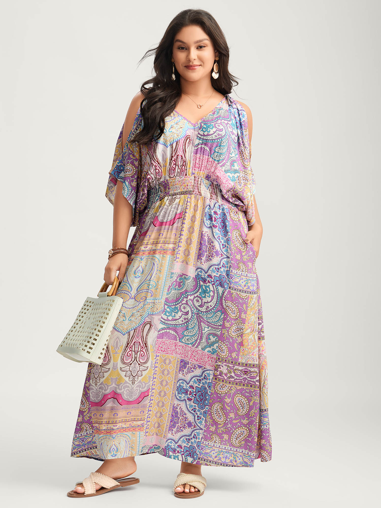 BloomChic Women's Plus Size Boho Collage Off-Shoulder Maxi Dress Multicolor Paisley Maxi Vacation Smocked 10/M