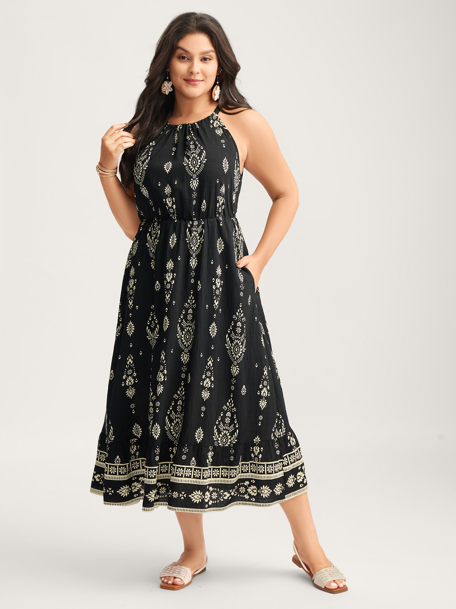 BloomChic Women's Plus Size Boho Print Halter Neck Pockets Midi Dress Black Ethnic Floral Midi Vacation Non 22-24/3X