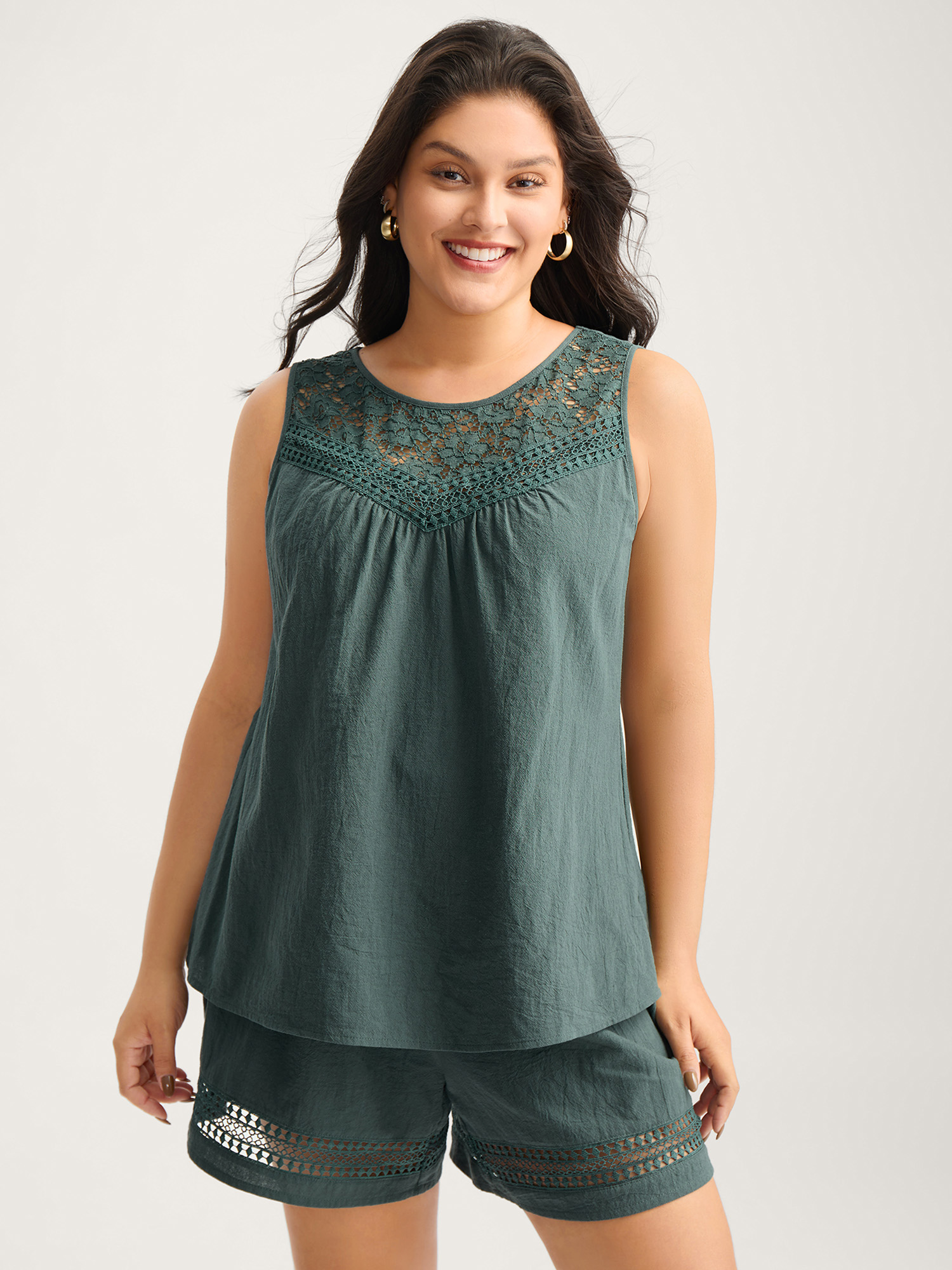 Image of Plus Size Cotton Lace Detail Solid Co-Ord Set Cyan Women Everyday-Casual Woven ribbon&lace trim No stretch Sleeveless Sleeveless Round Neck 12/L Side seam pocket Two-Piece sets BloomChic