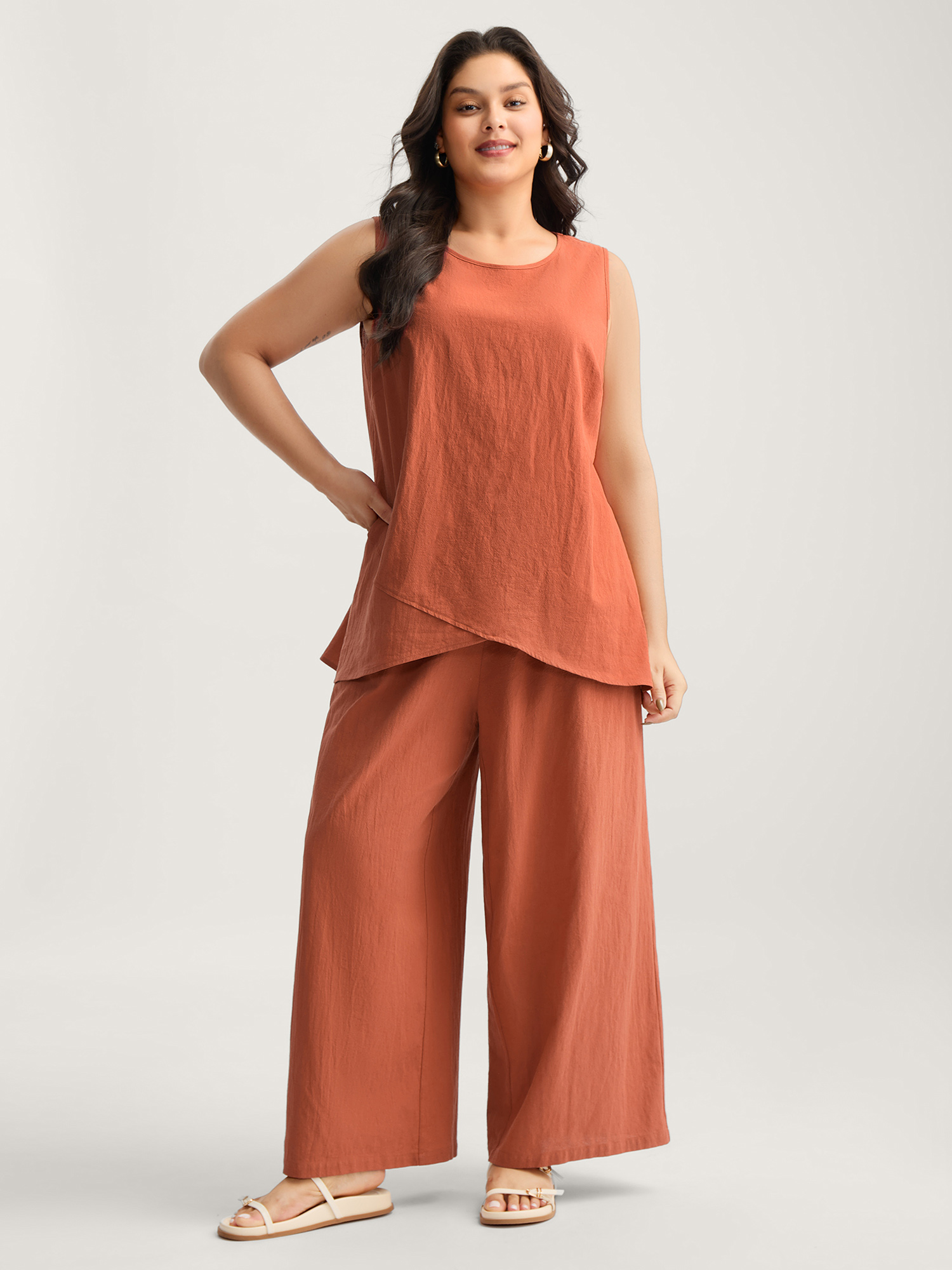 Image of Plus Size Pure Cotton Overlap Hem Co-Ord Set Rust Women Everyday-Casual Overlapping No stretch Sleeveless Sleeveless Round Neck 12/L Side seam pocket Two-Piece sets BloomChic
