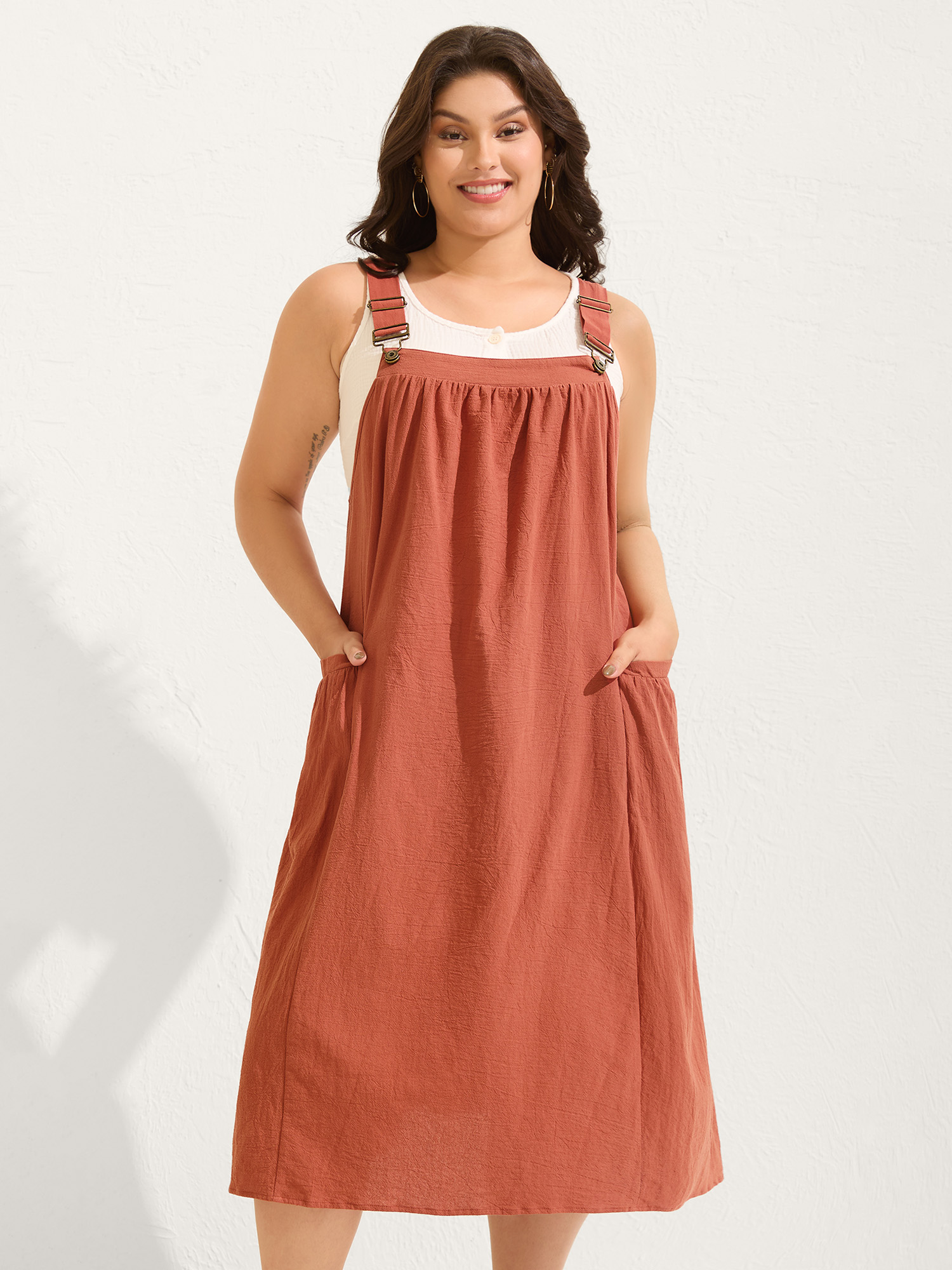 BloomChic Plus Size Pure Cotton Pleated Pockets Midi Dress - Curve Ladies Potter's Clay Leisure Sleeveless Solid Side Pocket Daily Dresses 26-28/3X