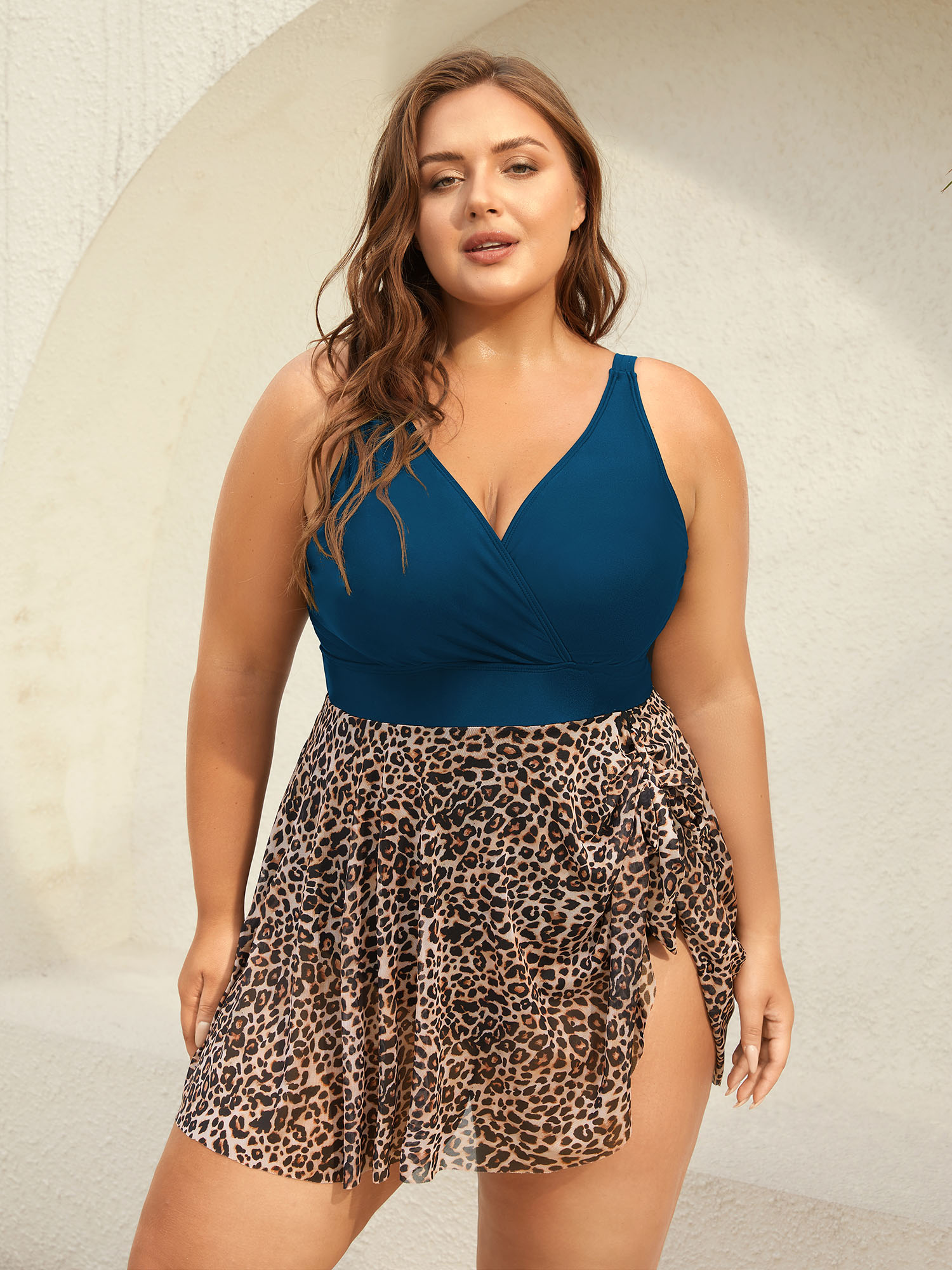 BloomChic Women's Plus Size Leopard Print Knotted Surplice Swim Dress DarkBlue Leopard Bowknot Contoured Hip Fit 30/6X