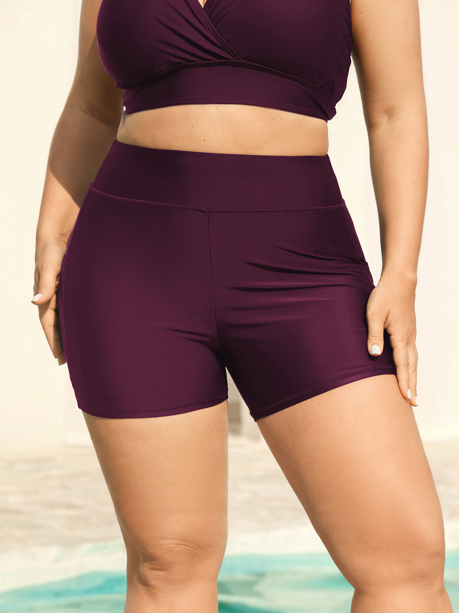 BloomChic Women's Plus Size Sculpting Pockets Solid Swim Shorts Plum Solid short Patchwork Elastic Waist 14-16/1X