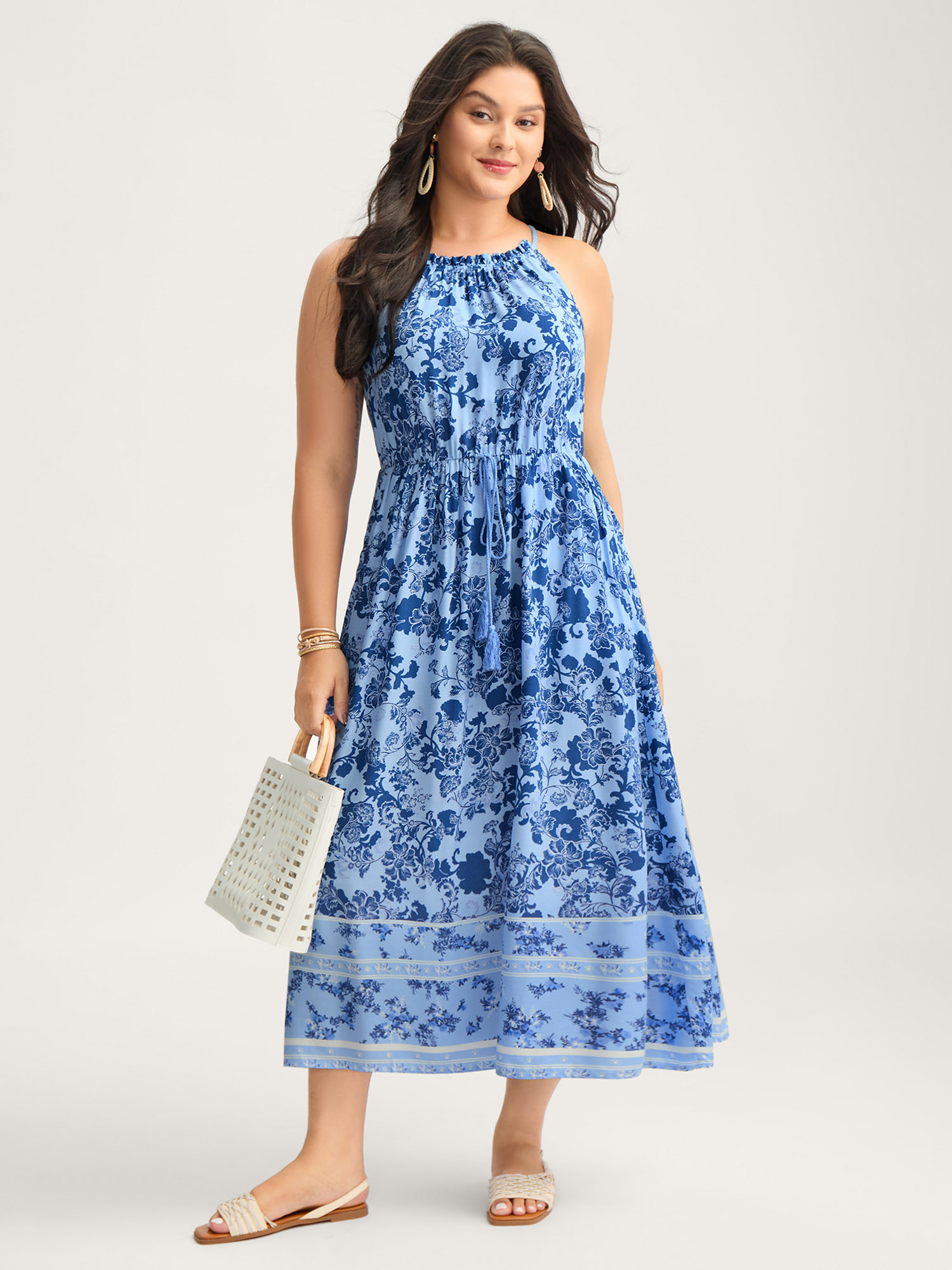 BloomChic Women's Plus Size Rayon Braided Shoulder Straps Floral Midi Dress Stone Floral Midi Vacation 10/M