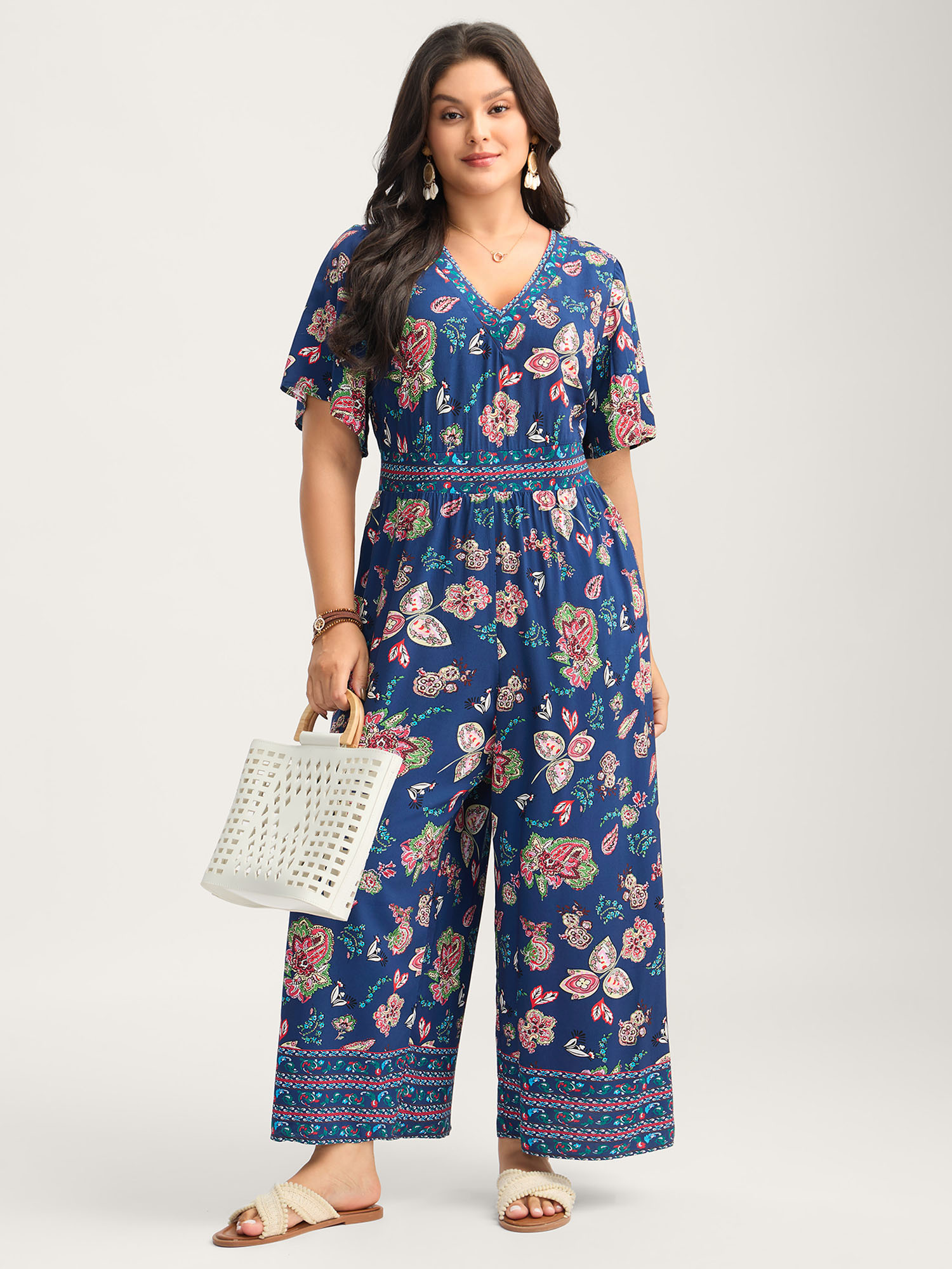 BloomChic Women's Plus Size Rayon Tropical Vibes Pockets Jumpsuit DarkBlue Vacation 30/6X