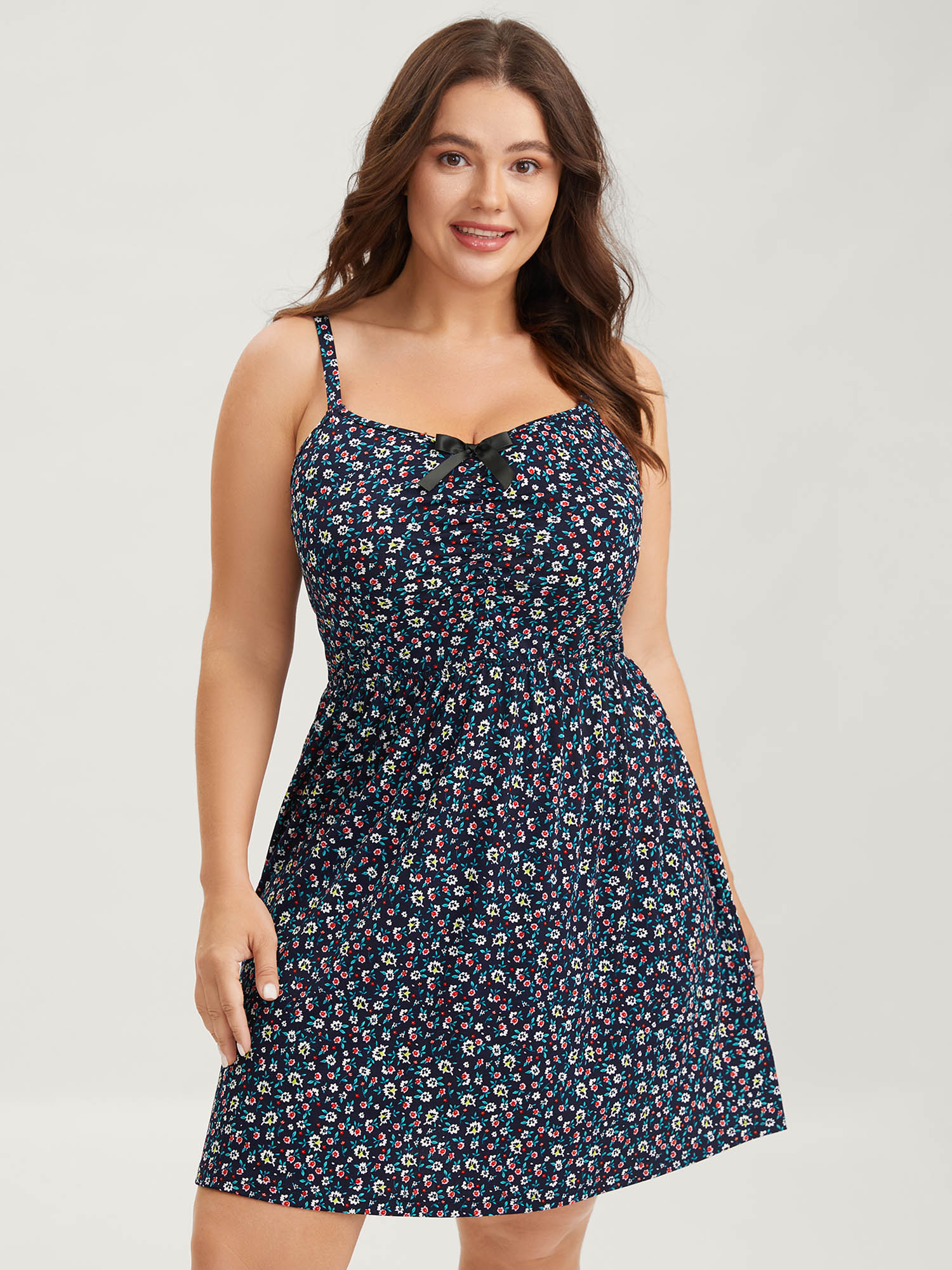 Plus Size Delicate Floral Print Pockets Cami Midi Dress Women Indigo Heart neckline Side seam pocket Loungewear BloomChic 26/4X