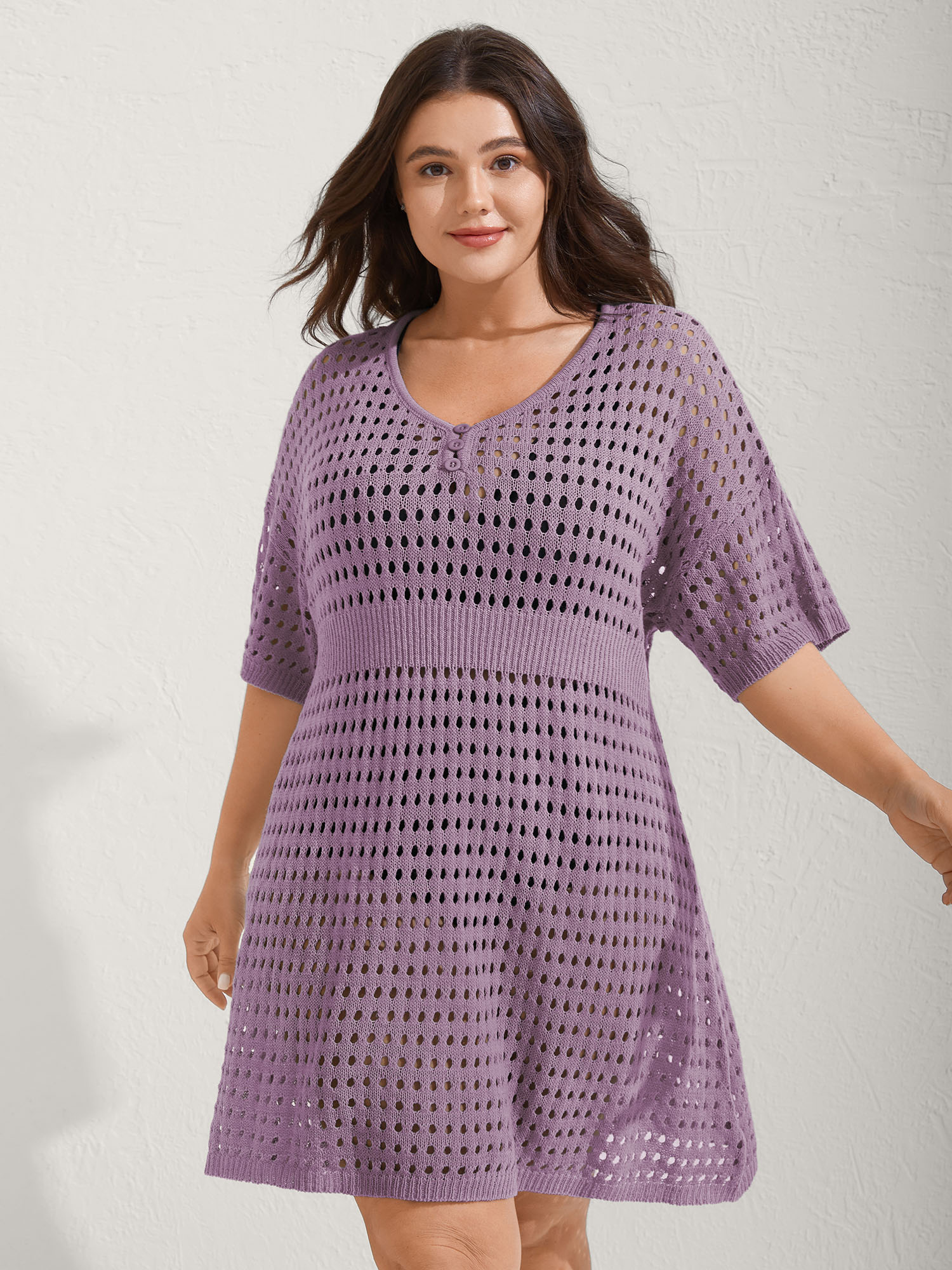 BloomChic Women's Plus Size Cut-Out Waist-Cinched Button Swim Cover-Up Mauve Short sleeve 30/6X