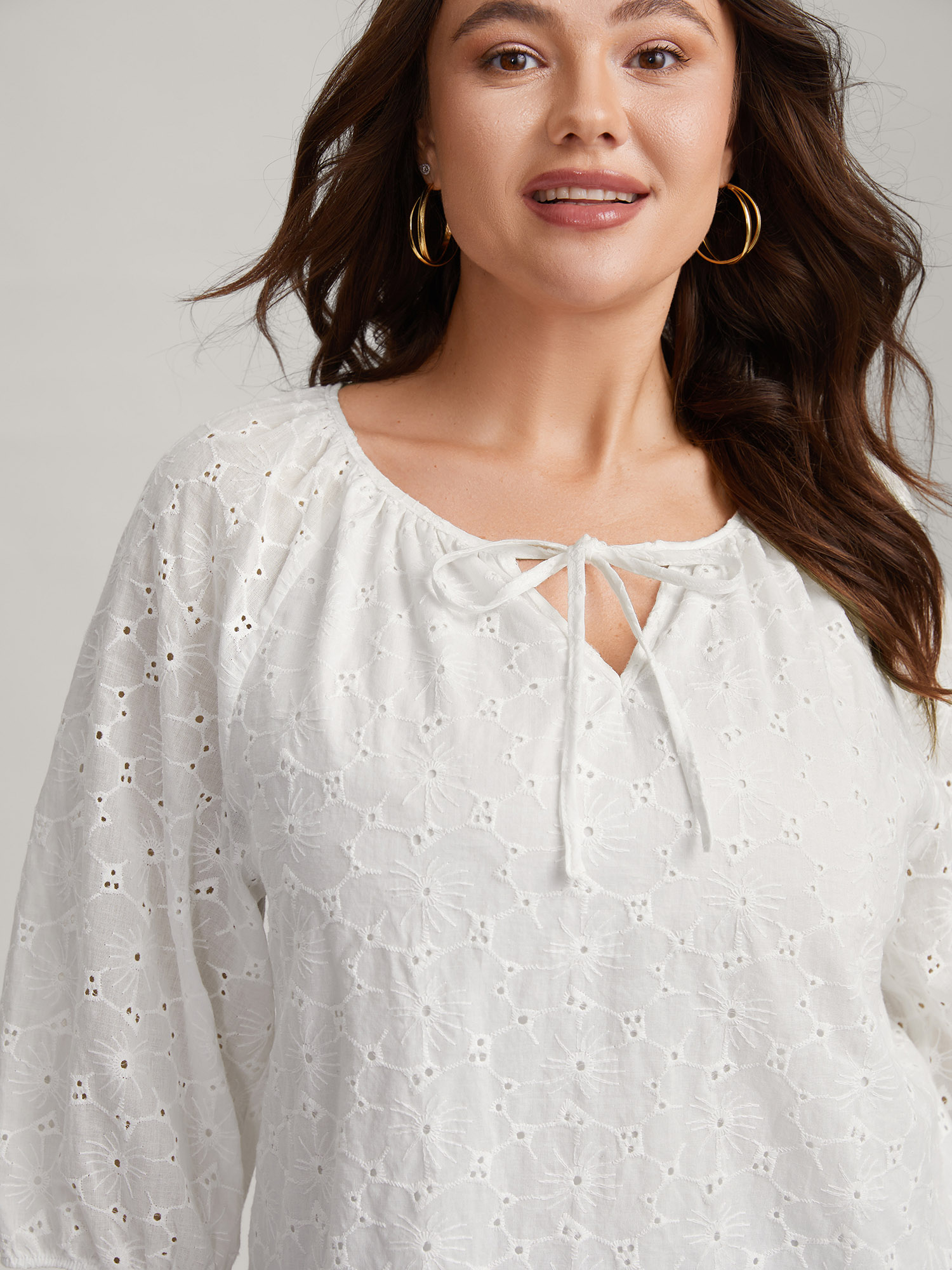 BloomChic Women's Plus Size Pure Cotton Eyelet Texture Blouse Brilliant White Solid Everyday-Elegant 3/4 Sleeve V-Notch Neck 10/M