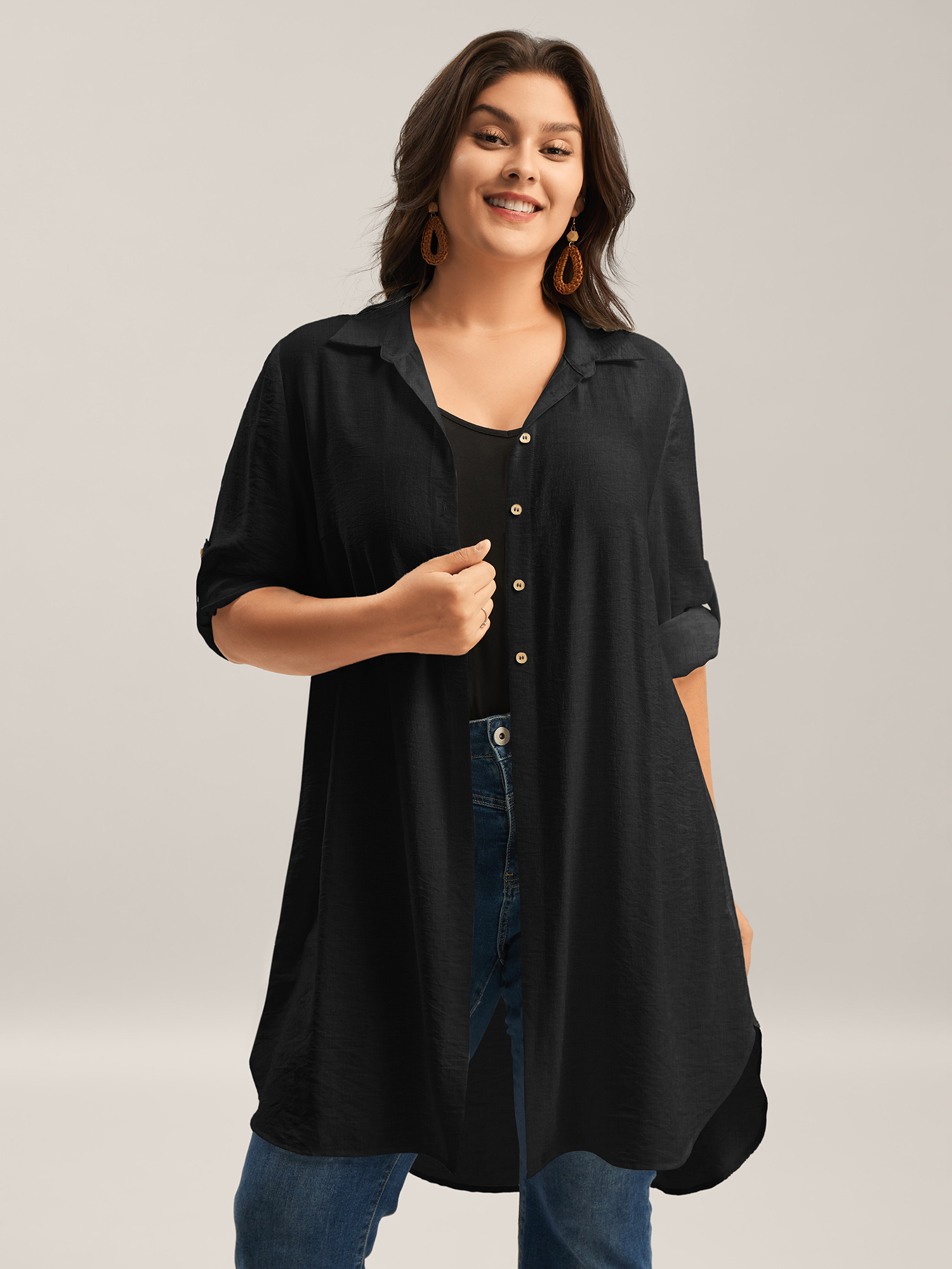 Bloomchic Women's Plus Size Front-open Long Basic Blouse Black Non Vacation Long Sleeve 18-20/2x