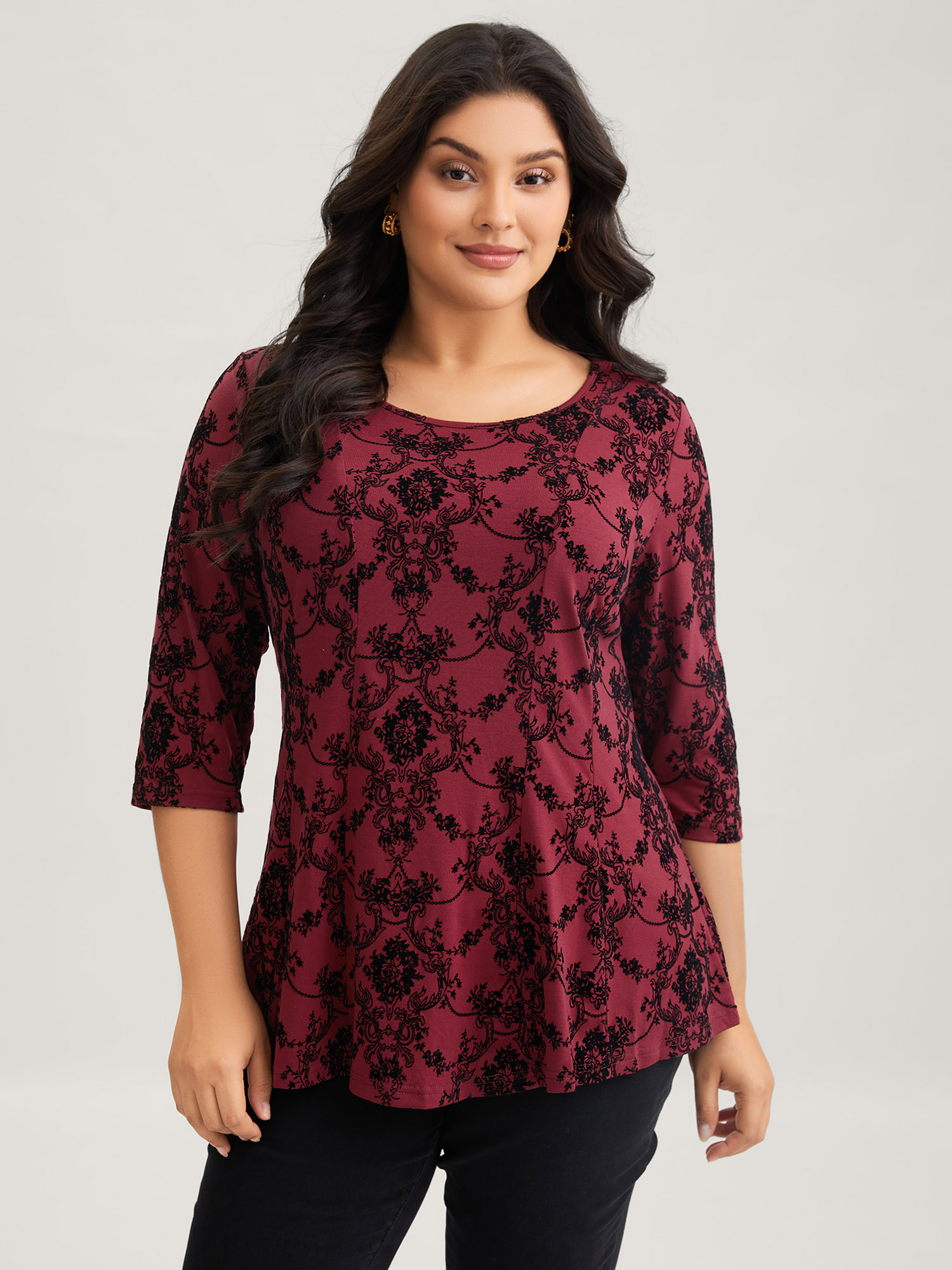 BloomChic Women's Plus Size Boho Print Flocking Knit Slim-Fit Top Earth Red 3/4 Sleeve Everyday-Elegant Round Neck 30/6X