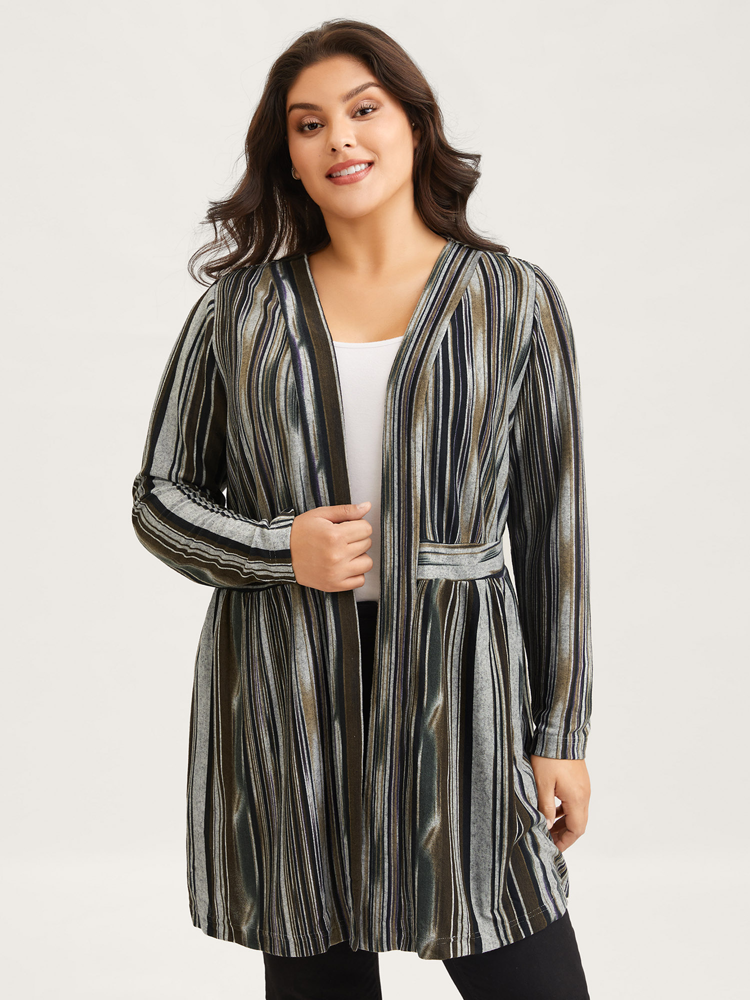 Image of Plus Size Colored Striped Open Front Waist Defining Jacket Women Multicolor Contrast Bodycon Side seam pocket Everyday Jackets BloomChic 28/5X