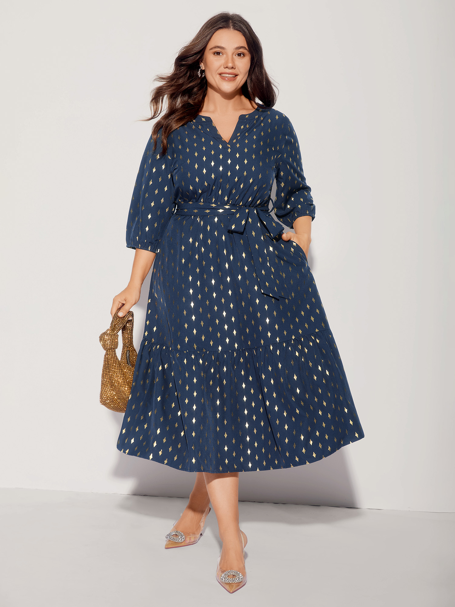 BloomChic Women's Plus Size Glitter Notched Lantern Sleeve Midi Dress Indigo Foil Print Midi Occasion Ruched 30/6X