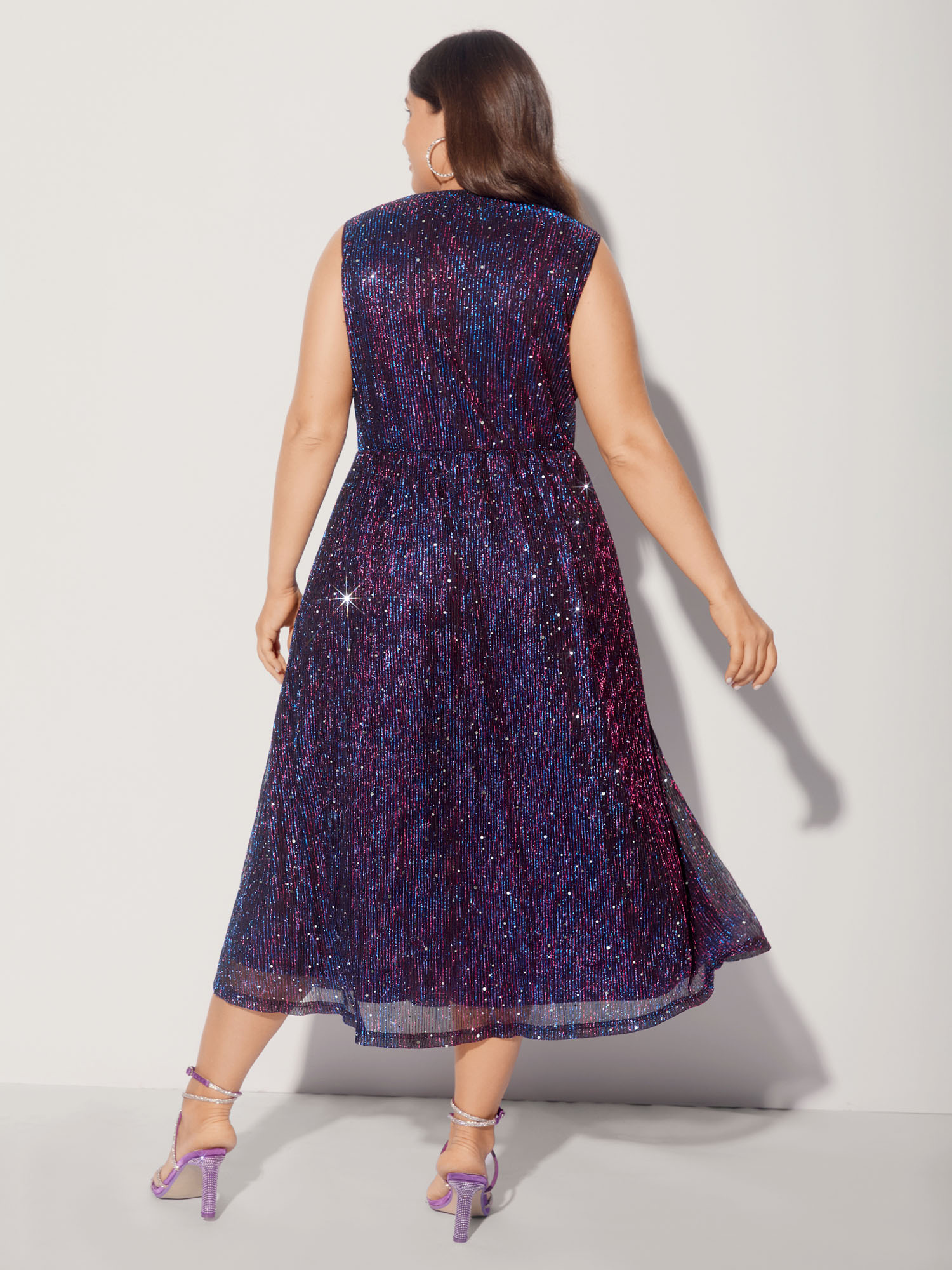 Side view of BloomChic Women's Plus Size Sequin Surplice Neckline Sleeveless Midi Dress Deeppurplered Party Midi Sequin V-Neck 10/M
