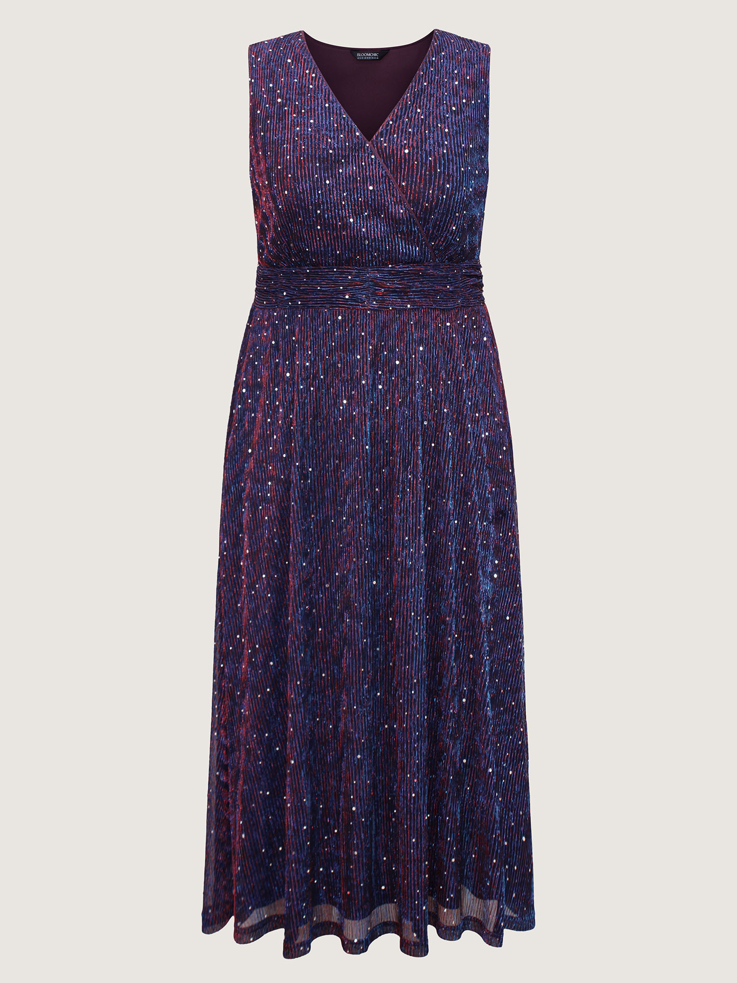 Side view of BloomChic Women's Plus Size Sequin Surplice Neckline Sleeveless Midi Dress Deeppurplered Party Midi Sequin V-Neck 10/M