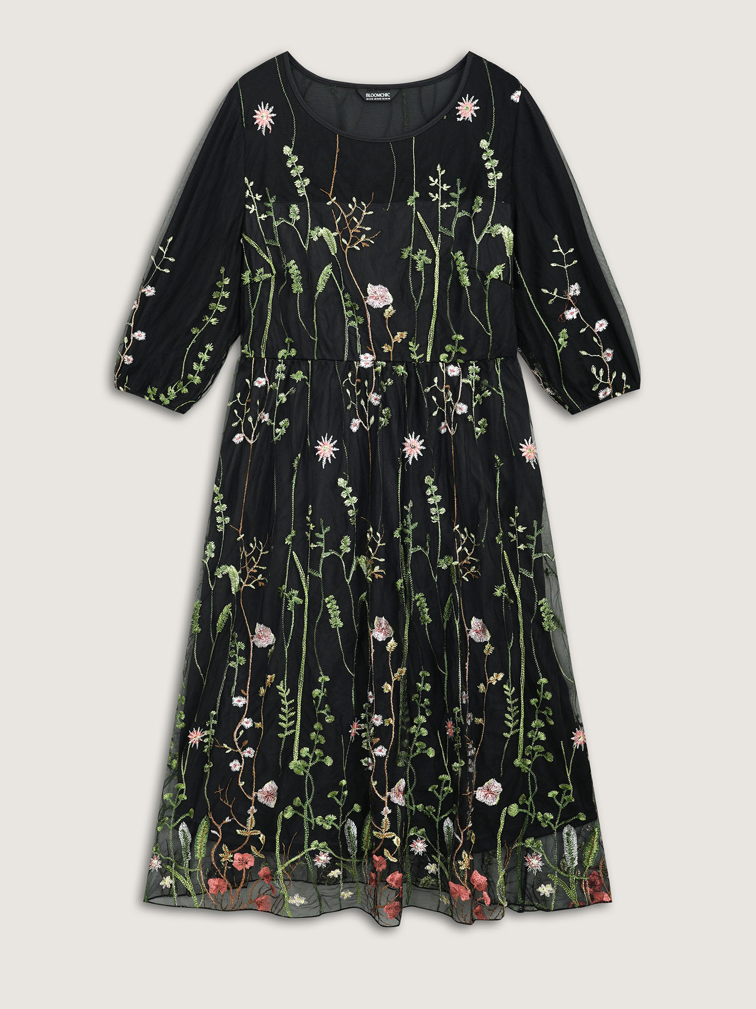 Side view of BloomChic Women's Plus Size Floral Embroidered Elastic Waist Lined Midi Dress Black Party Midi Mesh Panel Round Neck 12/L