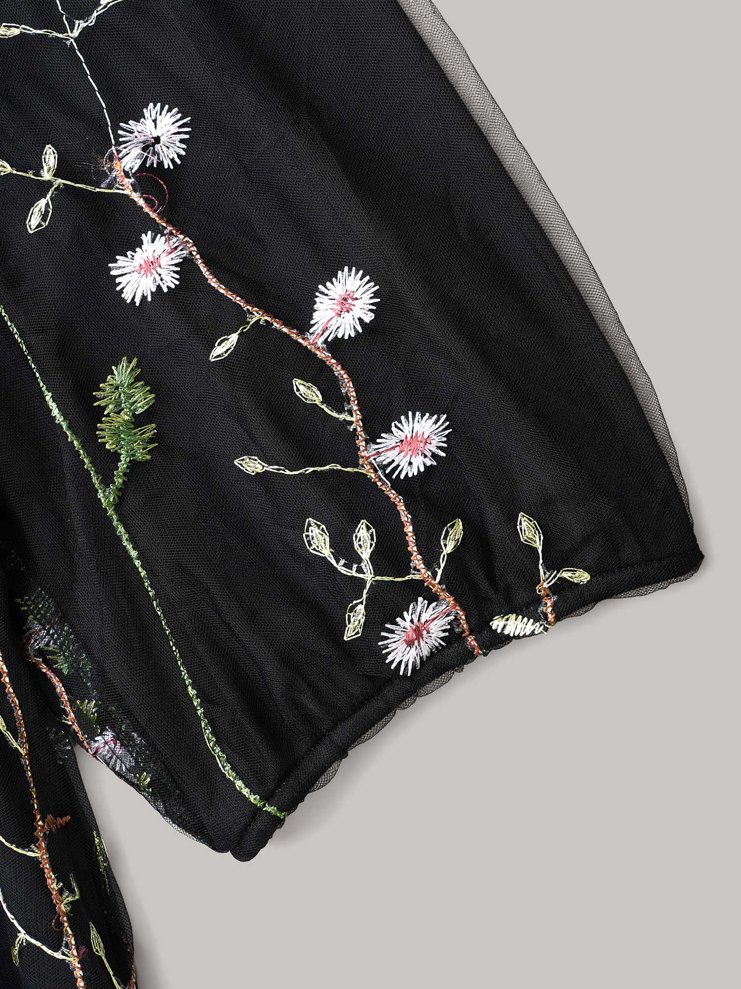 Side view of BloomChic Women's Plus Size Floral Embroidered Elastic Waist Lined Midi Dress Black Party Midi Mesh Panel Round Neck 12/L
