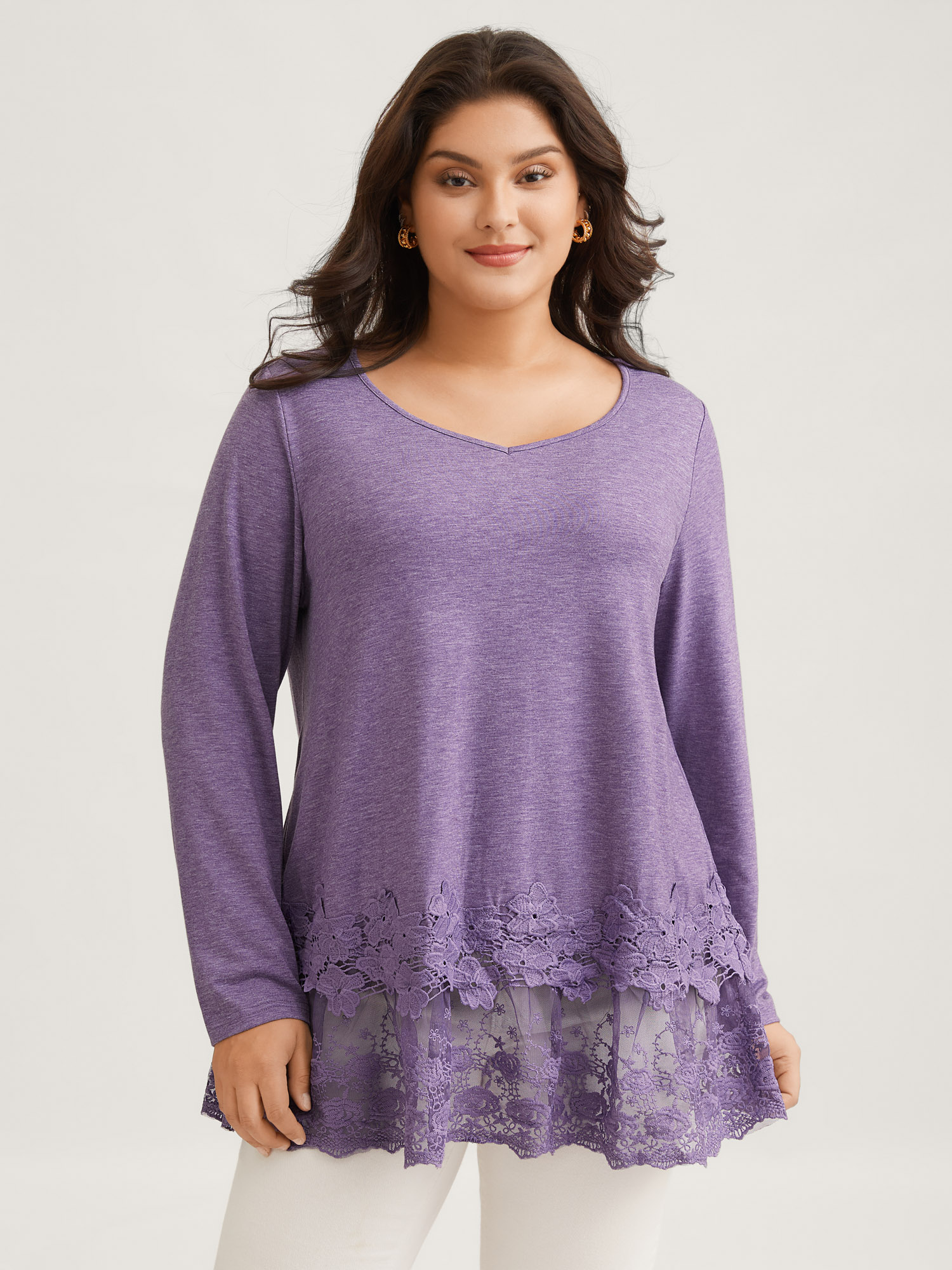 BloomChic Women's Plus Size V Neck Lace Panel Jersey Top Mauve Long Sleeve Everyday-Casual Round Neck 10/M