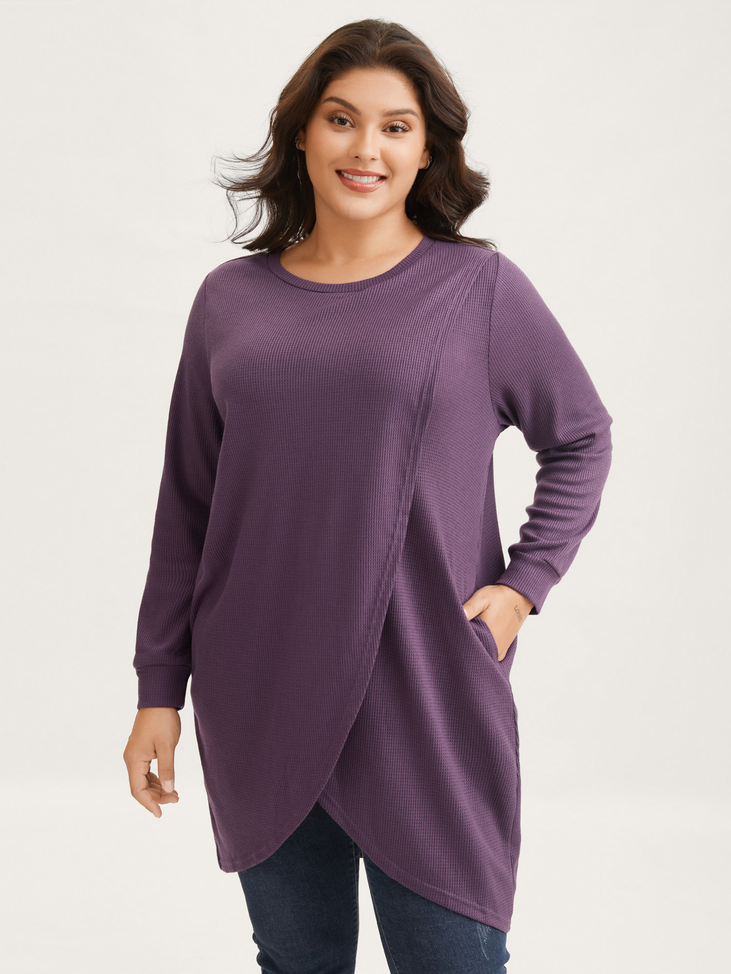 BloomChic Women's Plus Size Solid Waffle Knit Overlap Hem T-shirt Grape Jam Solid Everyday-Casual Long Sleeve Round Neck 10/M
