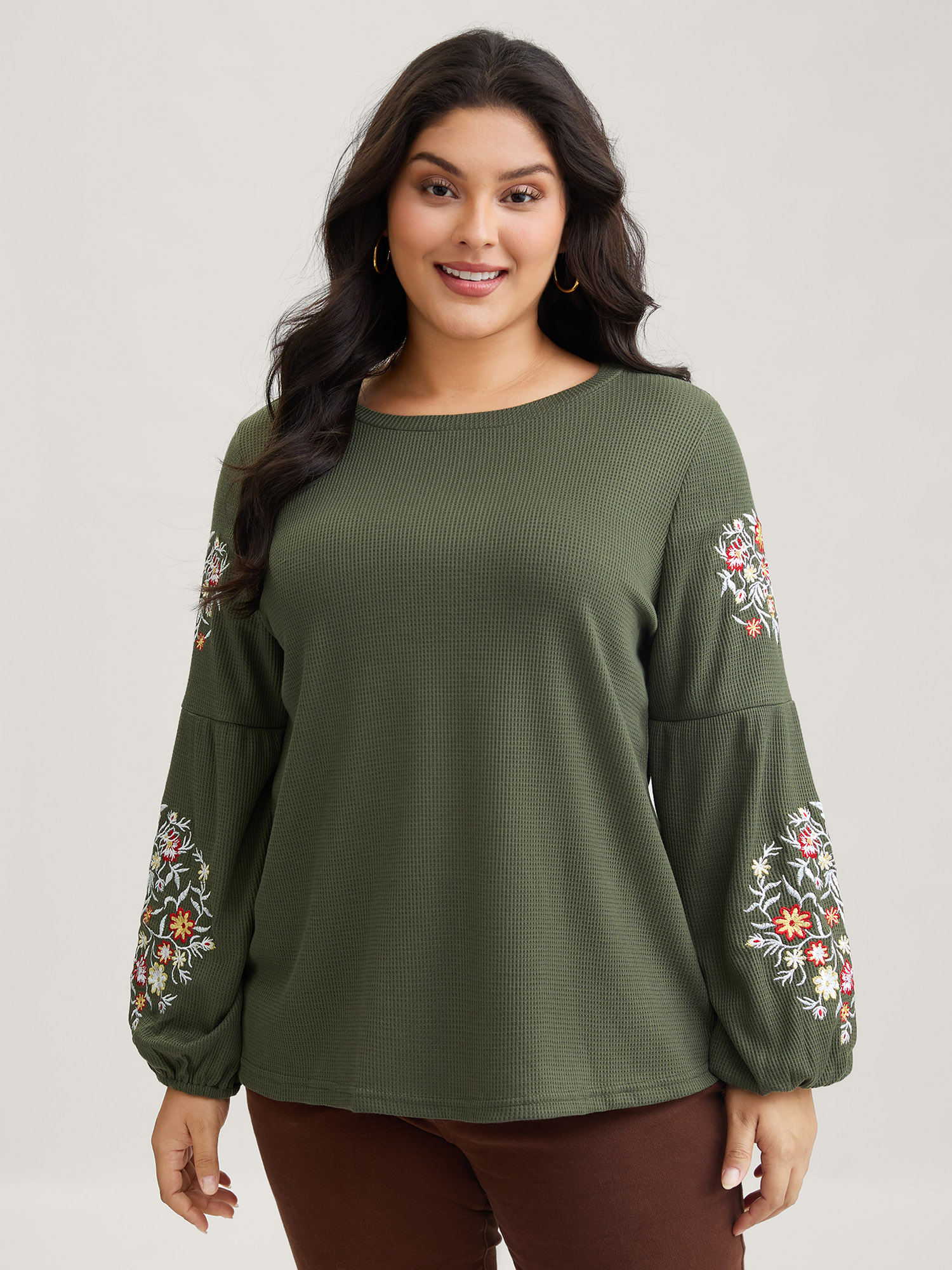 BloomChic Plus Size Waffle Knit Floral Embroidered Lantern Sleeve T-shirt - Women's ArmyGreen Solid Round Neck Comfort Midsection Fit Long Sleeve Playful T-shirts 32/5X