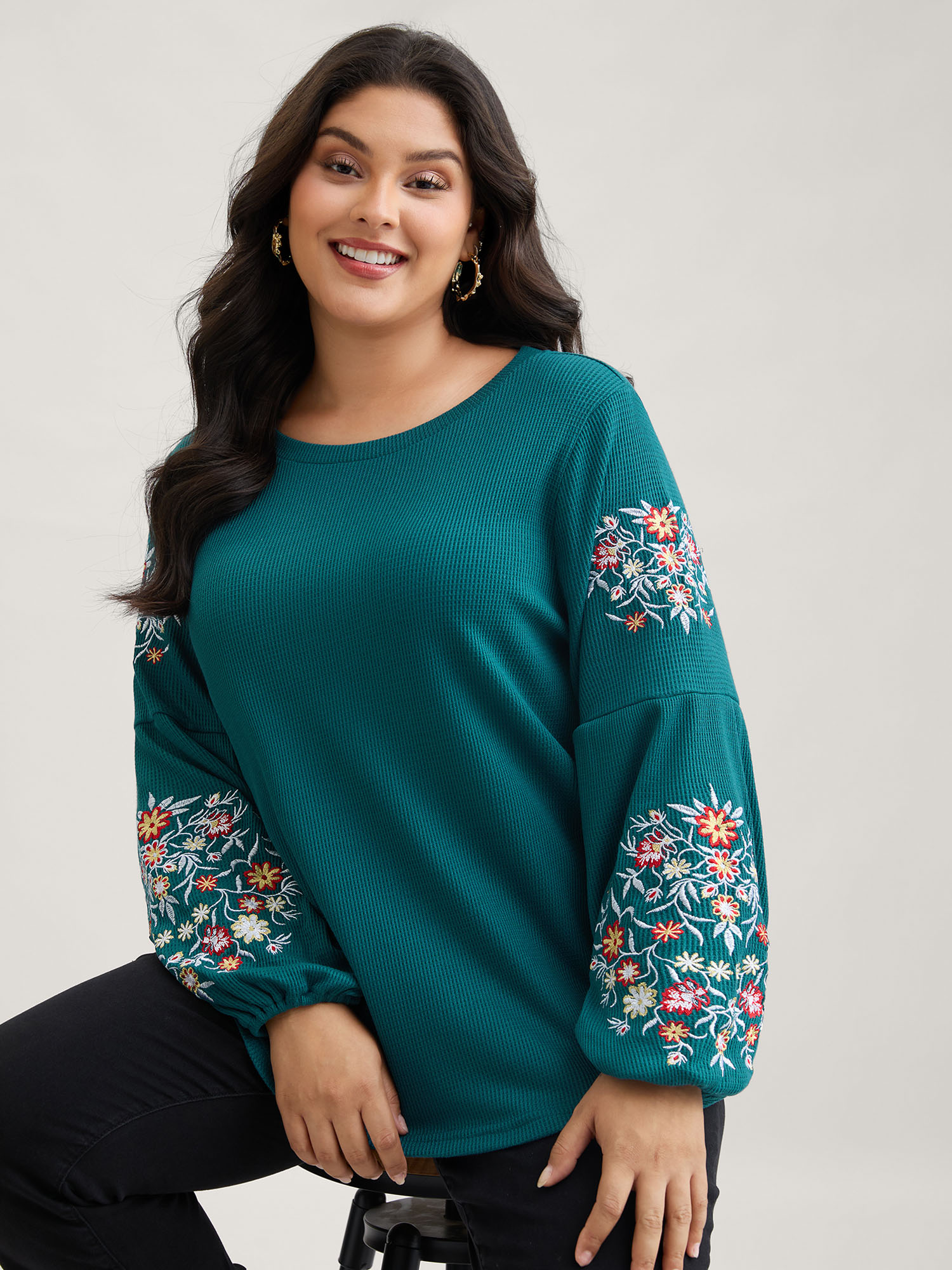 BloomChic Plus Size Waffle Knit Floral Embroidered Lantern Sleeve T-shirt - Women's Cyan Solid Round Neck Comfort Midsection Fit Long Sleeve Playful T-shirts 16/L