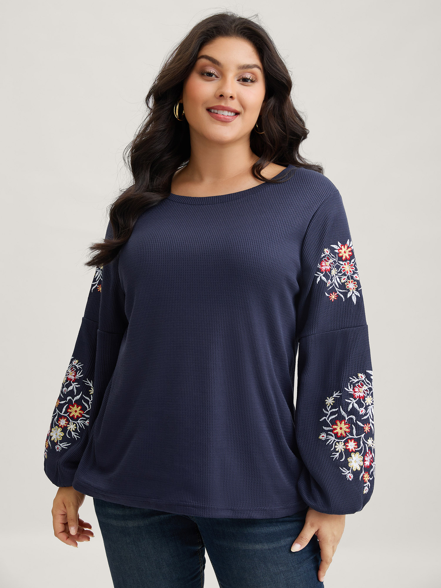 BloomChic Plus Size Waffle Knit Floral Embroidered Lantern Sleeve T-shirt - Women's Indigo Solid Round Neck Comfort Midsection Fit Long Sleeve Playful T-shirts 14/M