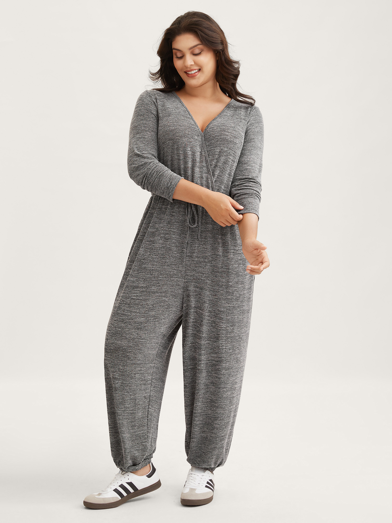 Plus Size Elastic Waist Overlap Collar Lounge Jumpsuit Black 30/6X Bloomchic