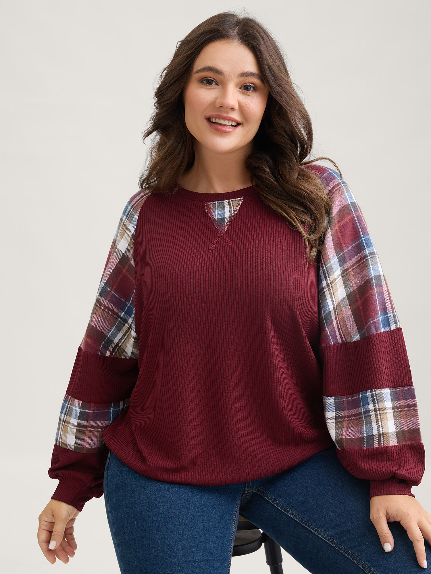 BloomChic Women's Plus Size Plaid Patchwork Raglan Sleeve Sweatshirt Burgundy Everyday-Casual 10/M