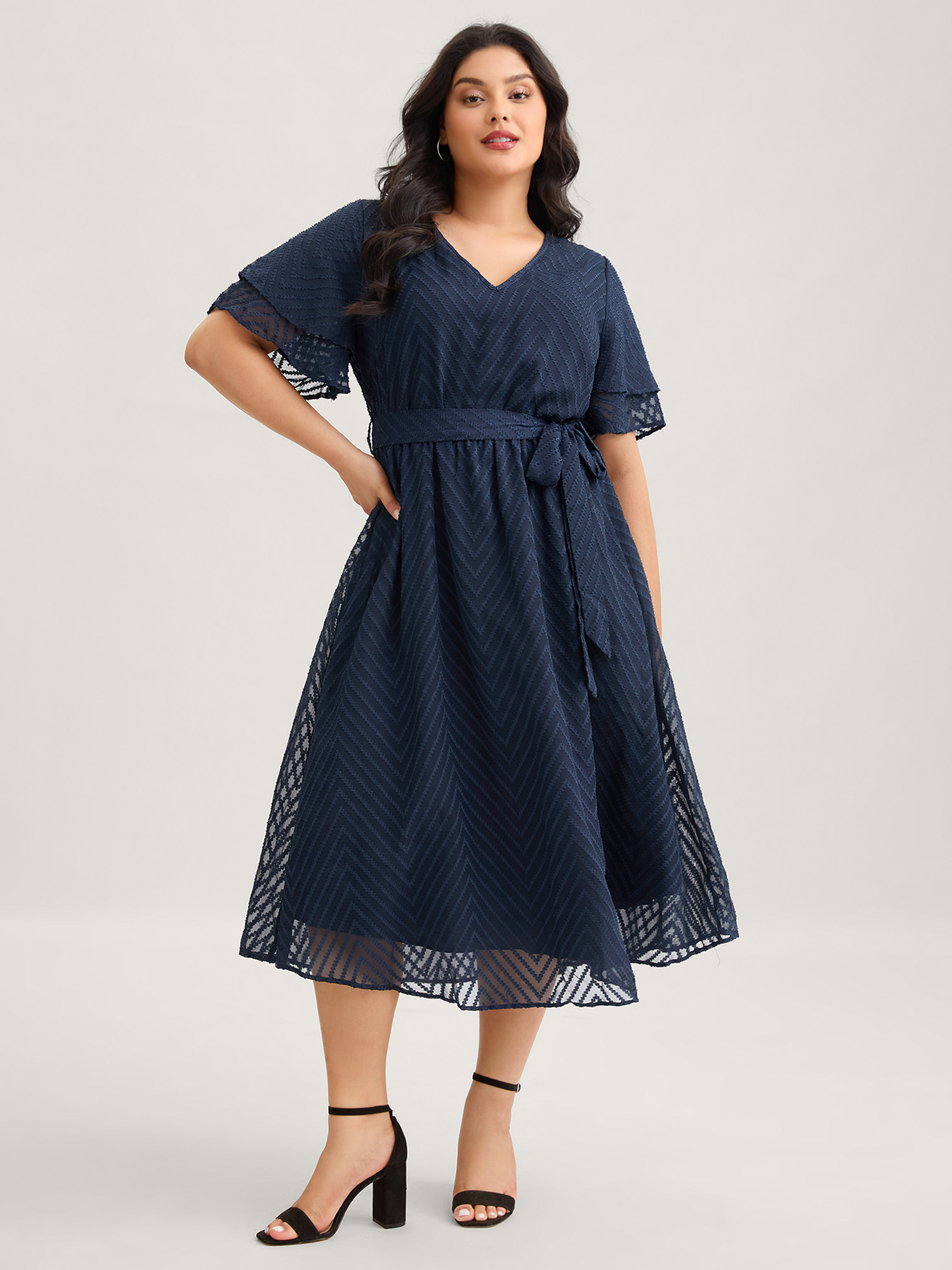 BloomChic Women's Plus Size Texture Tiered Ruffle Sleeve See Through Dress Ocean Cavern Solid Midi Everyday-Elegant Mesh Panel 22-24/3X