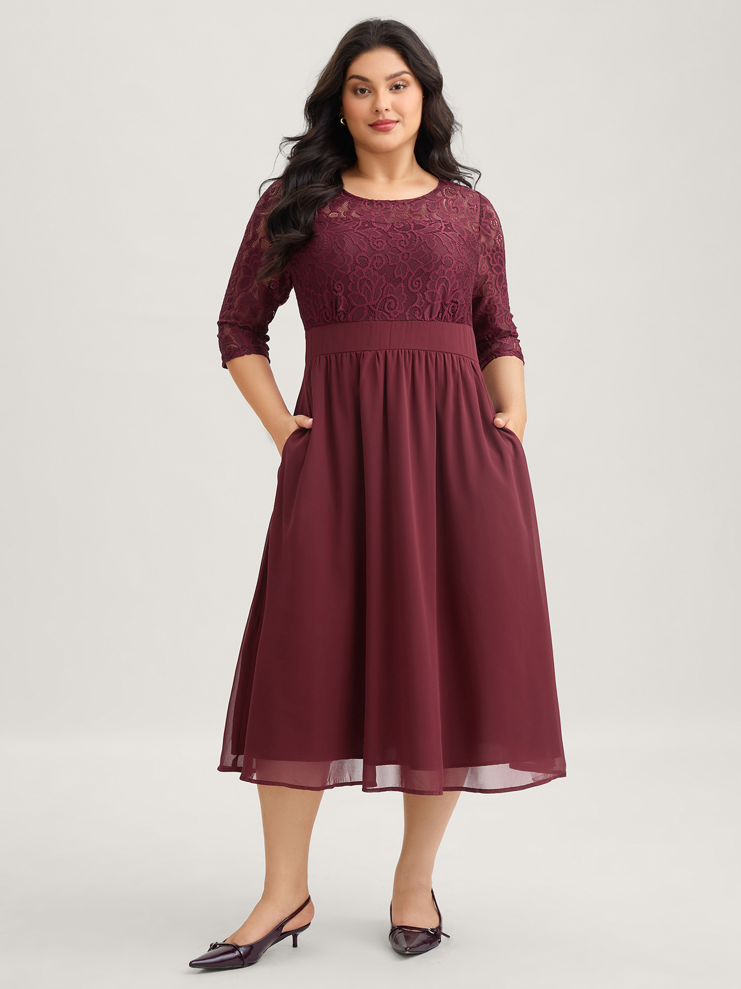 BloomChic Plus Size Lace Patchwork Shirred Midi Pocket Dress - Curve Ladies Burgundy Formal 3/4 Sleeve Solid Side Pocket Daily Dresses 14/M