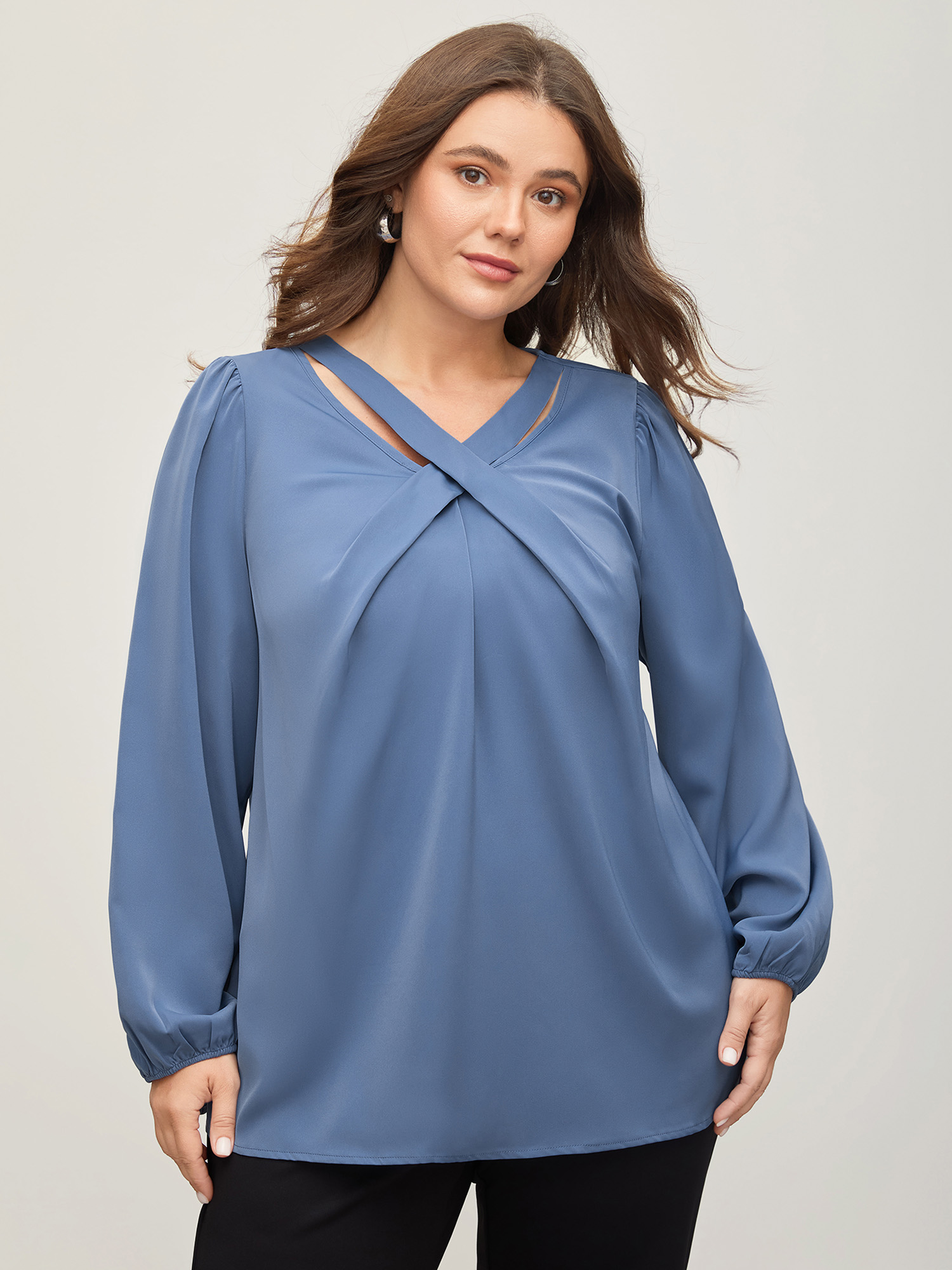BloomChic Women's Plus Size Criss Cross Neckline Puff Sleeve Gathered Blouse English Manor Everyday-Elegant Long Sleeve 10/M