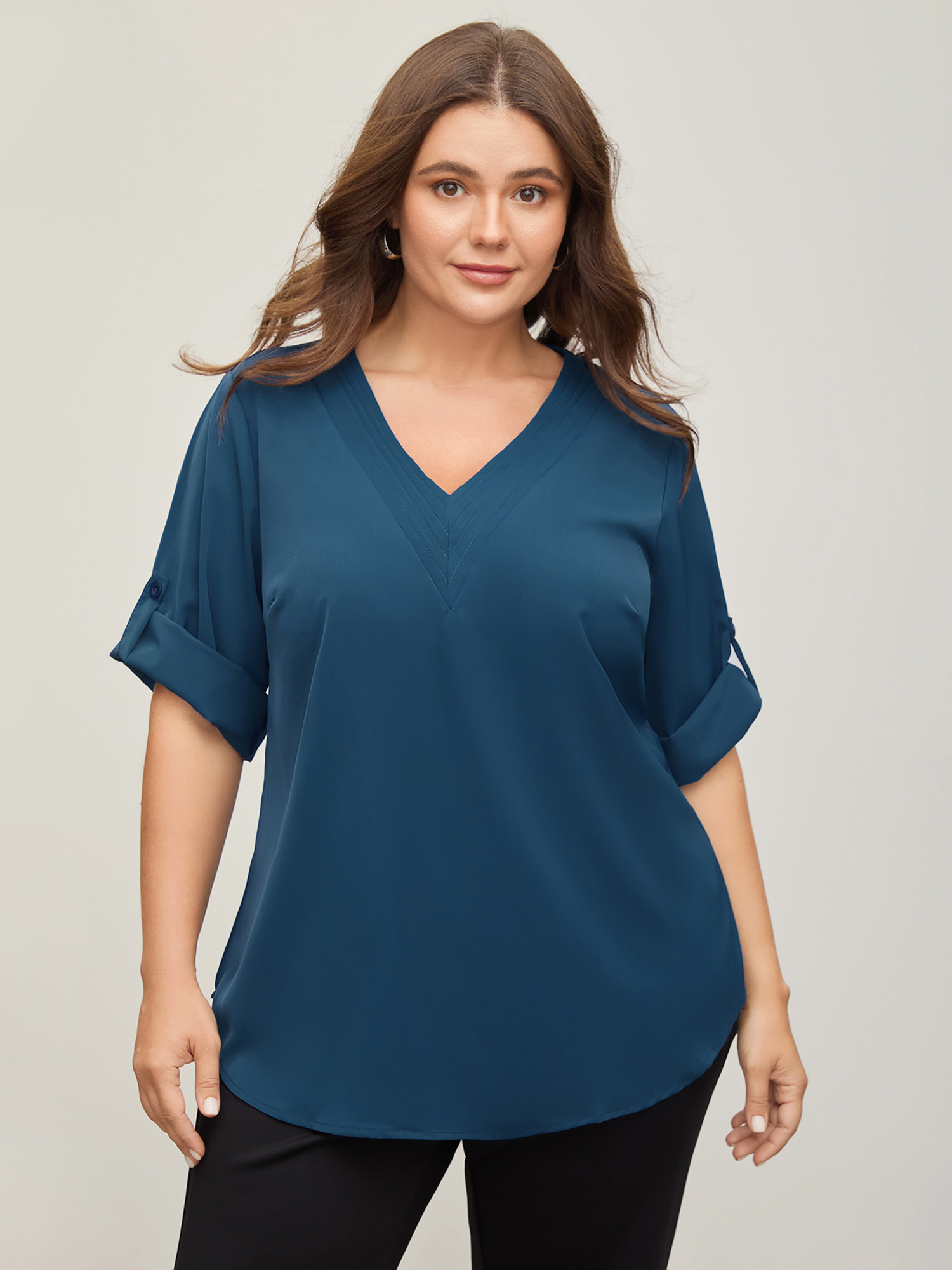 BloomChic Women's Plus Size V Neck Plain Pleated Tab Sleeve Blouse Blue Sapphire Solid Office 3/4 Sleeve V-Neck 12/L