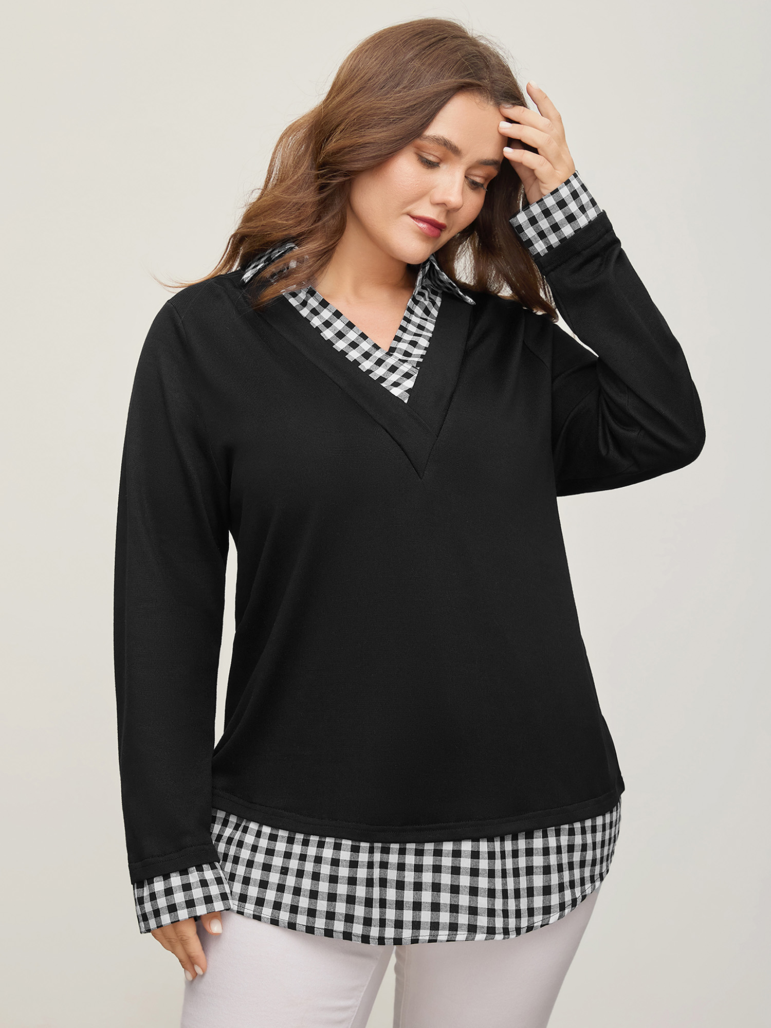 BloomChic Women's Plus Size Gingham Patchwork Shirt Collar Arc Hem Sweatshirt Black not graphics Office V-Neck 10/M