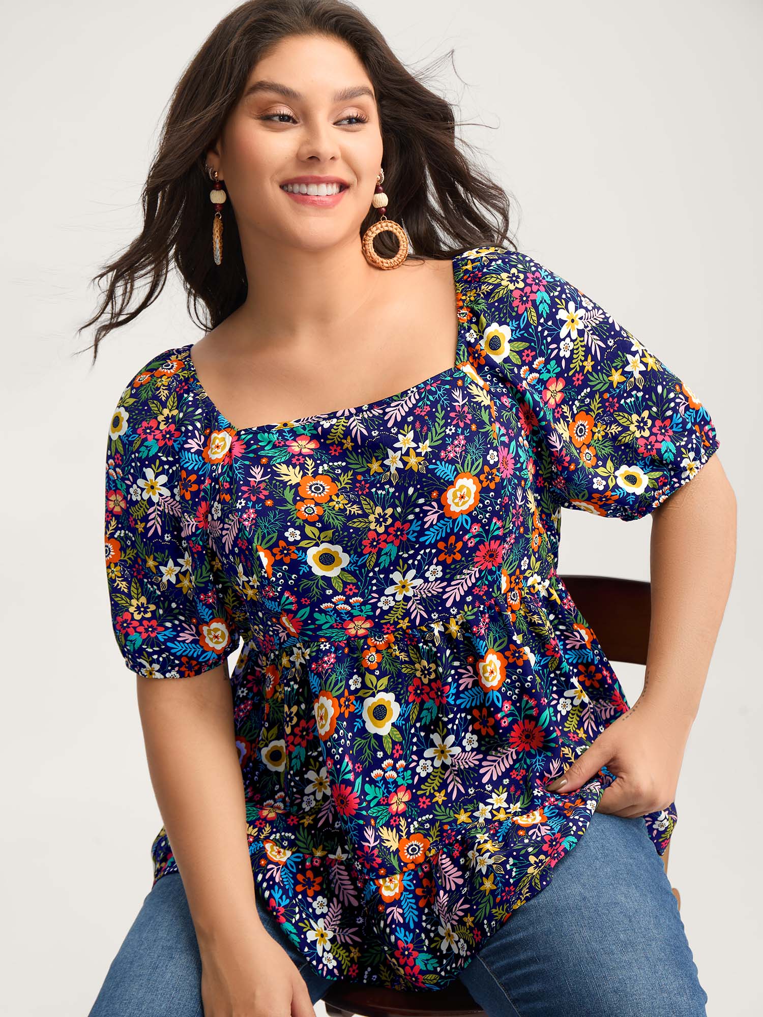 BloomChic Women's Plus Size Floral Square Neck Fit and Flare Blouse Indigo Floral Vacation Short sleeve Square Neck 18-20/2X