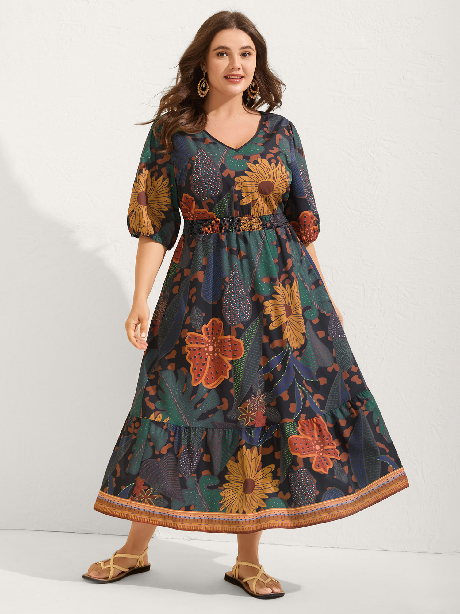 BloomChic Plus Size Floral Shirred Lantern Sleeve Midi Dress - Curve Ladies DarkBlue Resort 3/4 Sleeve Floral Side Pocket Daily Dresses 34/6X