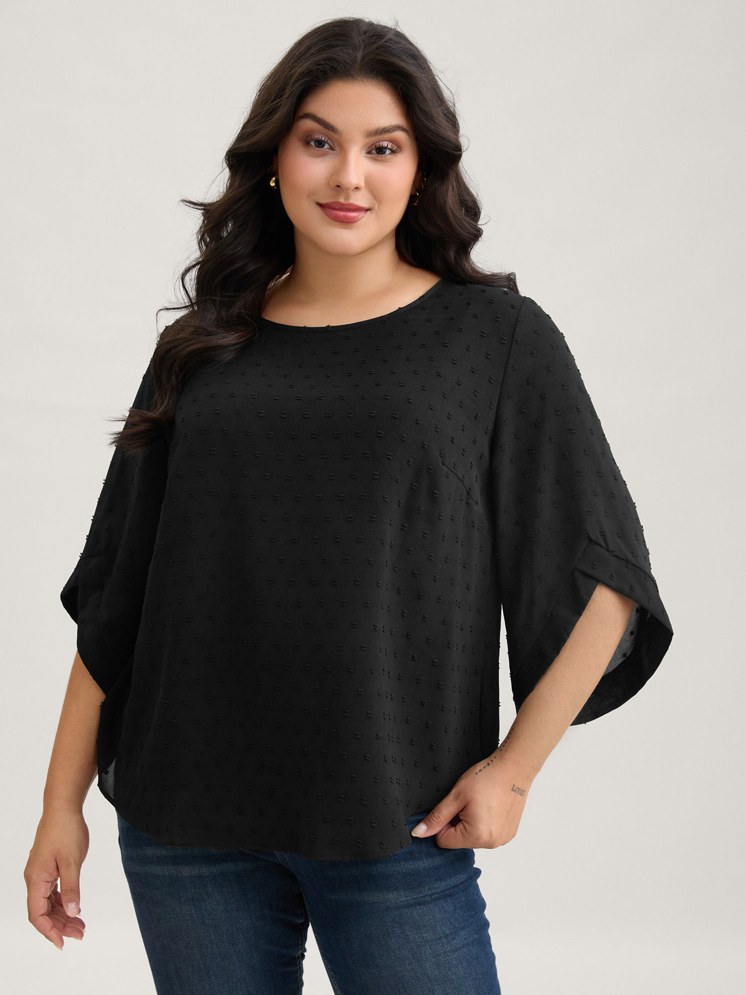 BloomChic Plus Size Textured Round Neck Bell Sleeve Blouse - Women's Black Solid Round Neck 3/4 Sleeve Elegant Blouses 18-20/1X