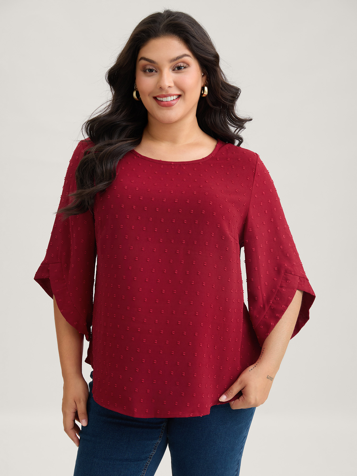 BloomChic Plus Size Textured Round Neck Bell Sleeve Blouse - Women's Lava Falls Solid Round Neck 3/4 Sleeve Elegant Blouses 14/M