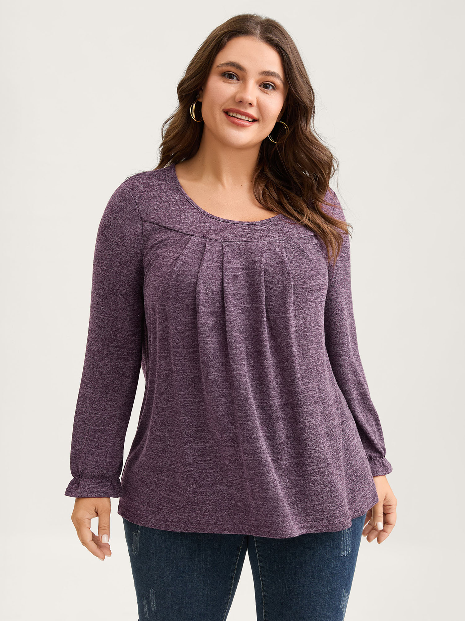 BloomChic Plus Size Round Neck Heather Pleated T-shirt - Women's Grape Jam Solid Round Neck Comfort Midsection Fit Long Sleeve Playful T-shirts 14/M