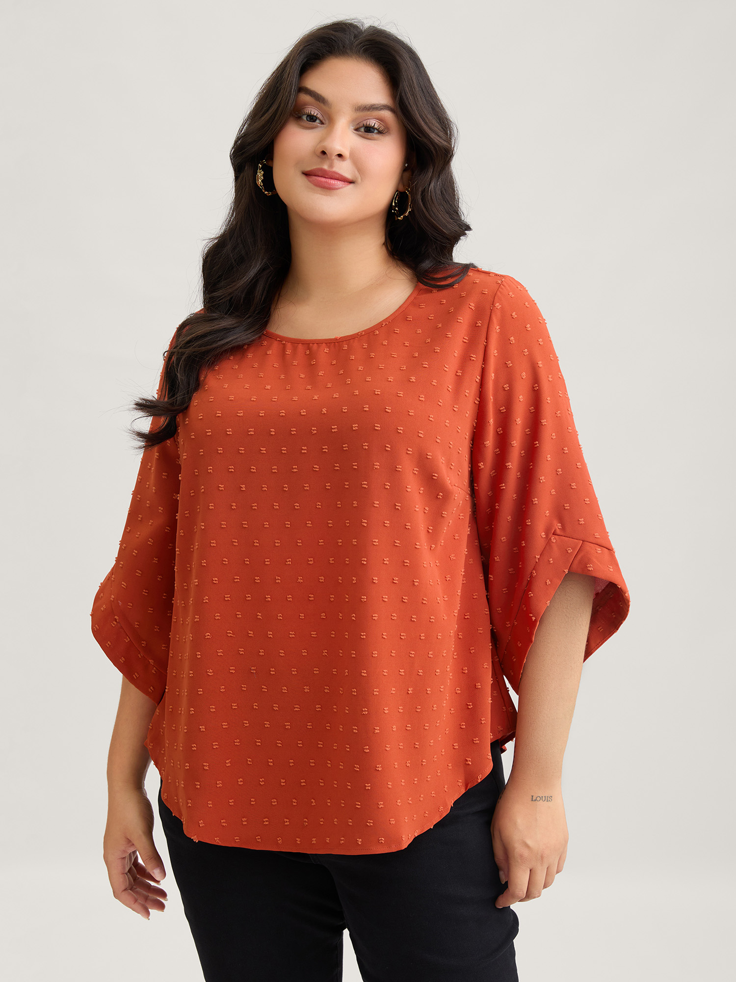 BloomChic Women's Plus Size Textured Round Neck Bell Sleeve Blouse Autumn Glaze Solid Everyday-Elegant 3/4 Sleeve Round Neck 10/M