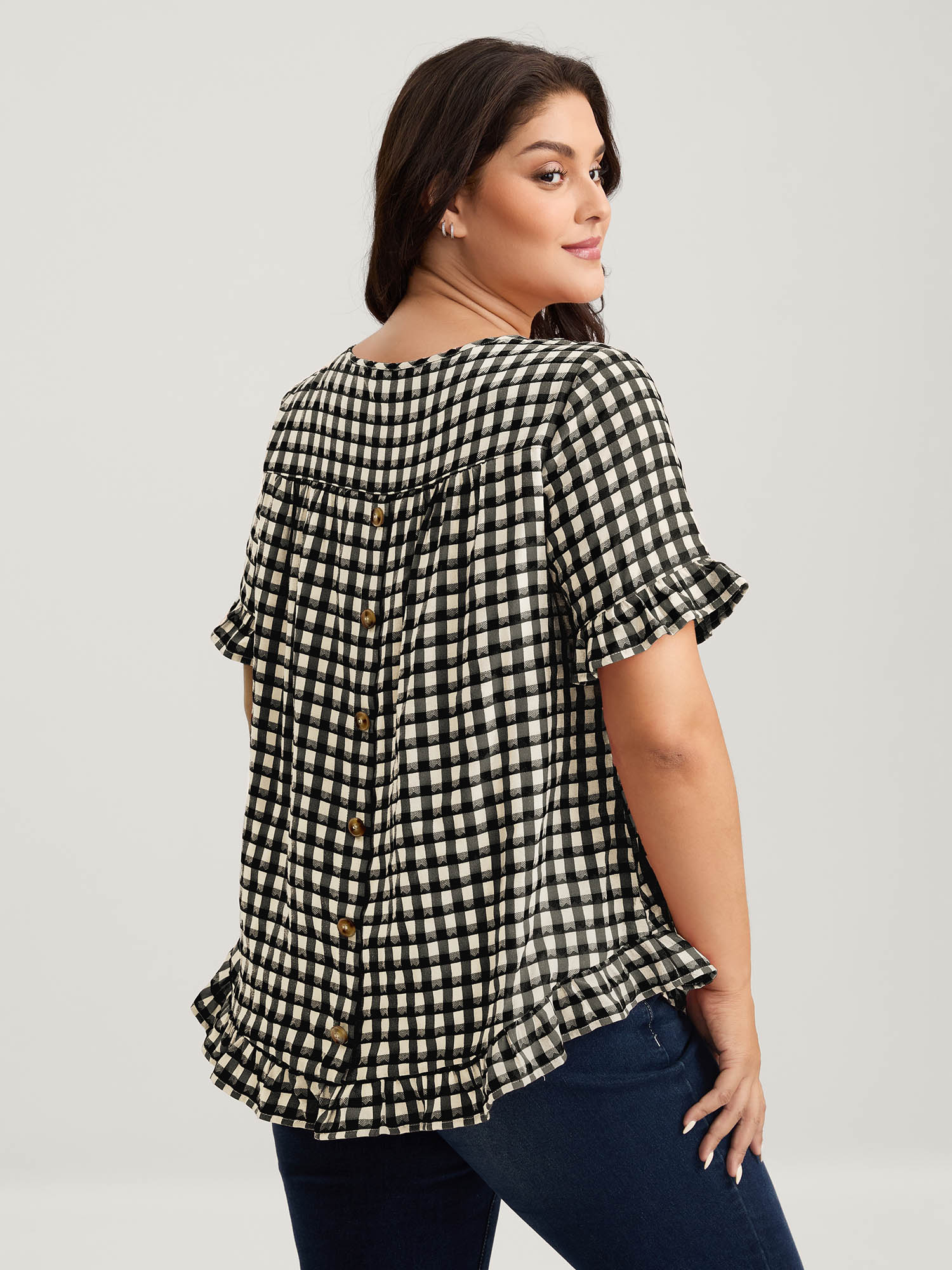 BloomChic Women's Plus Size Gingham Print Button Back Blouse Black Plaid Everyday-Casual Short sleeve Round Neck 10/M