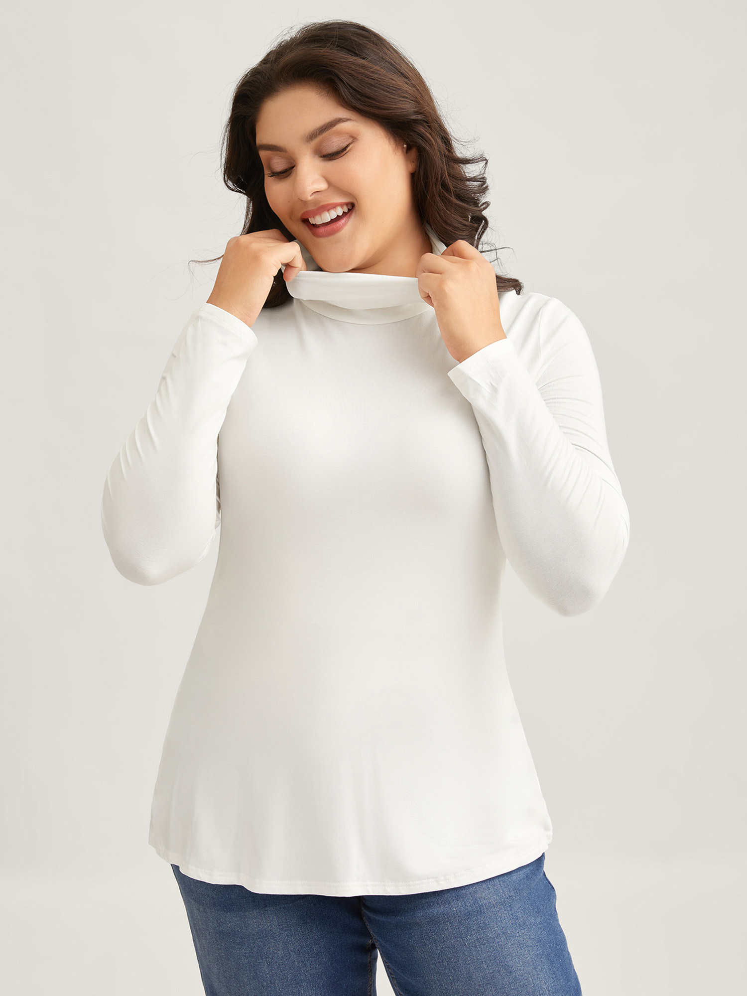 BloomChic Plus Size Supersoft Essentials Solid Funnel Neck Knit T-Shirt - Women's Stalactite Solid Round Neck Comfort Midsection Fit Long Sleeve Playful T-shirts 14/M