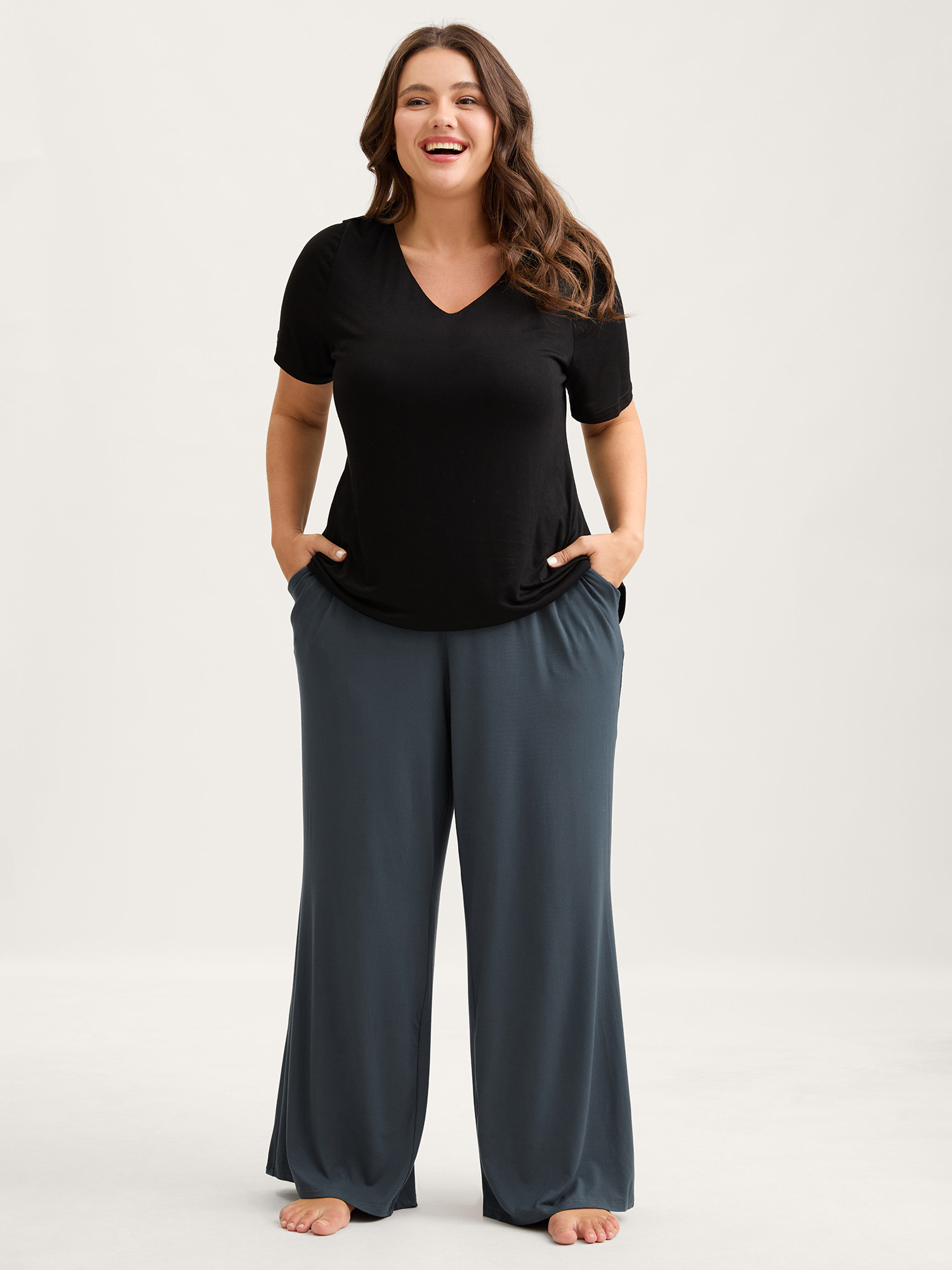 BloomChic Plus Size Solid Elastic Waist Wide Leg Lounge Bottoms - Women's Supersoft Baritone Blue Sleeveless Solid Side Pocket Comfort Midsection Fit Lounge Bottoms 14/M