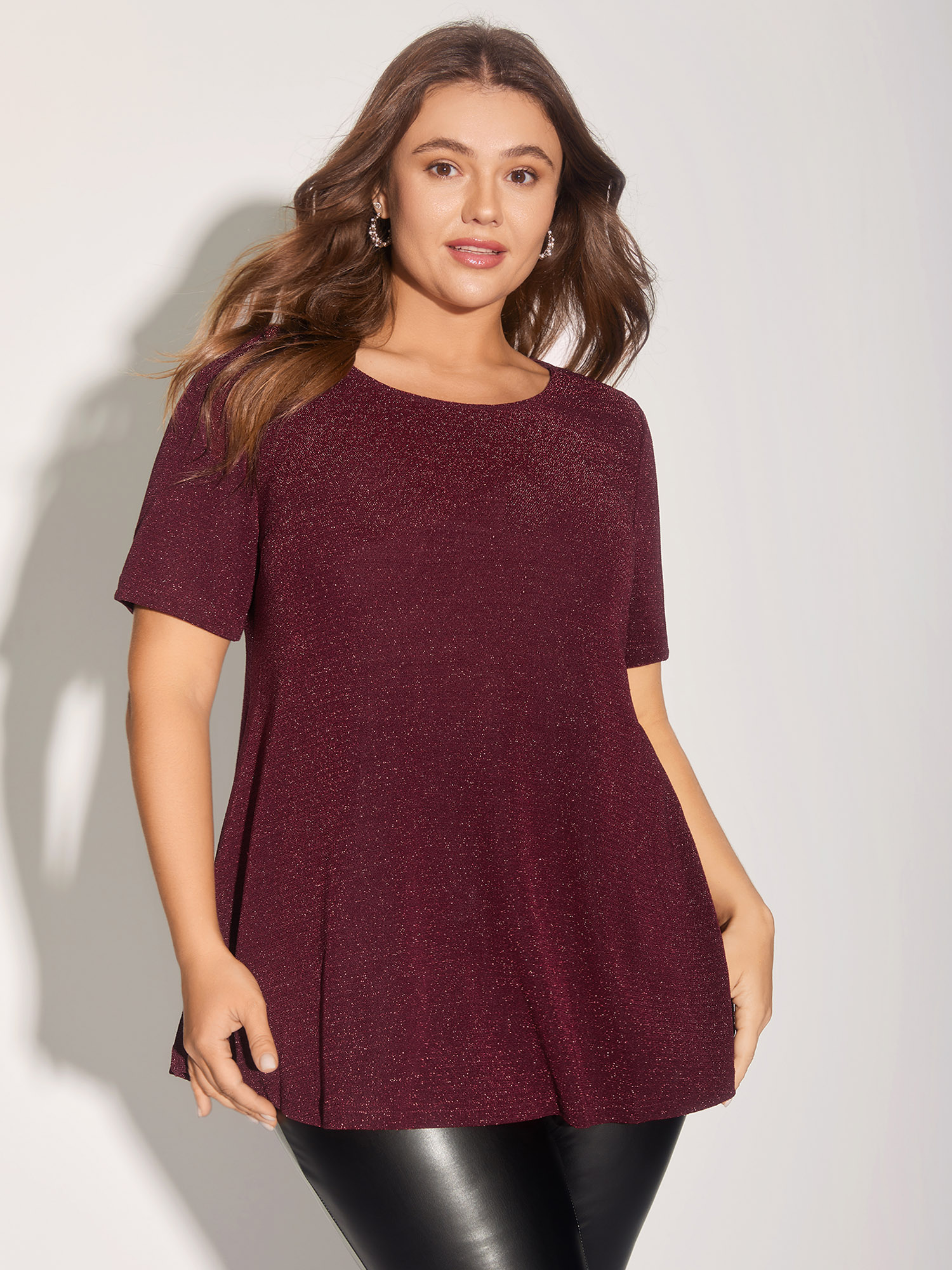 BloomChic Plus Size Shimmering Gold & Silver Thread A-Line Tee - Women's Grape Wine Marled / Heathered Round Neck Comfort Midsection Fit Short sleeve Formal T-shirts 14/M