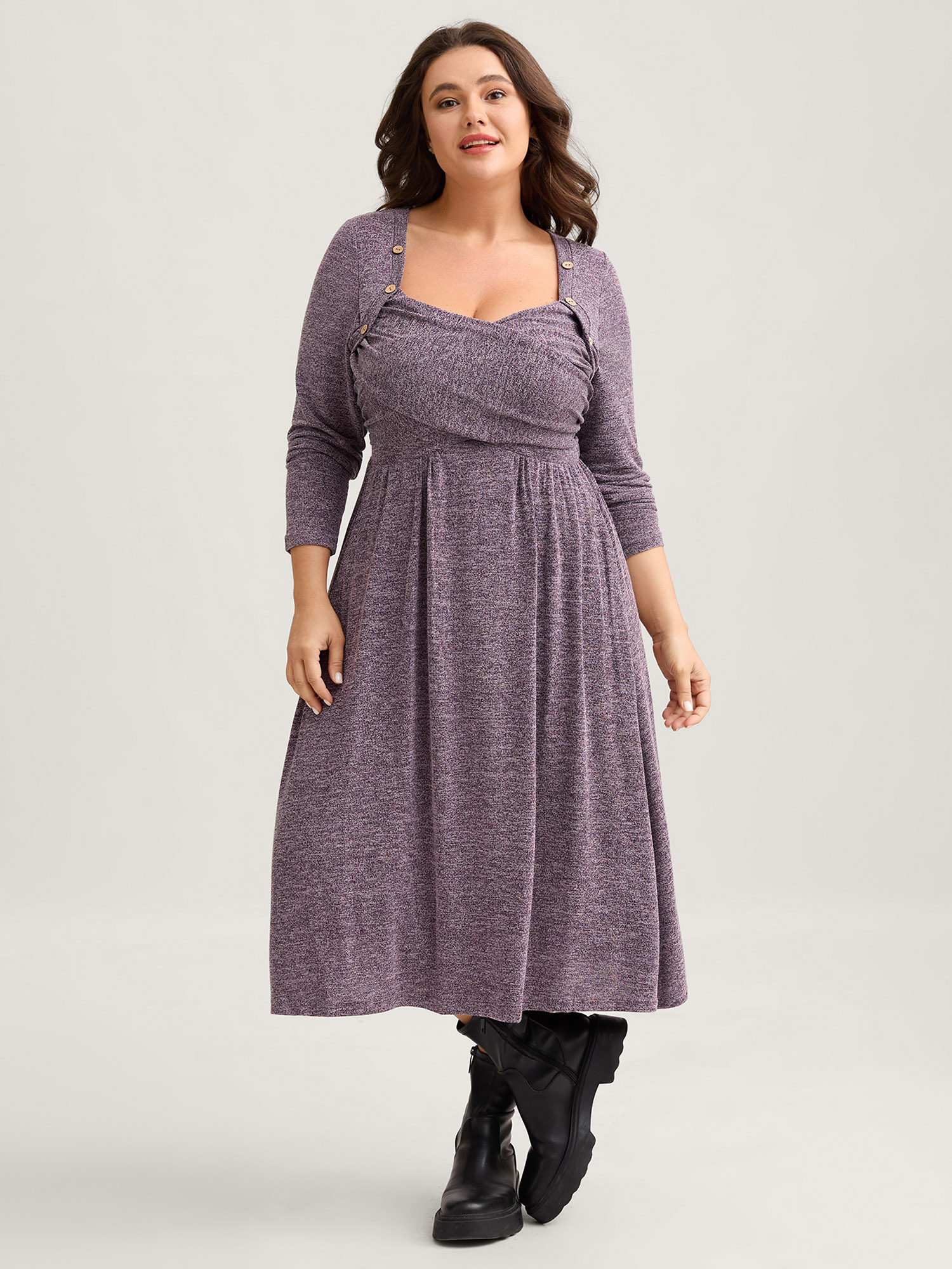 BloomChic Plus Size Heart Neckline Button Detailing Crossover Fit Dress - Curve Ladies Grape Jam Leisure Long Sleeve Side seam pocket Knit Dresses 14/M